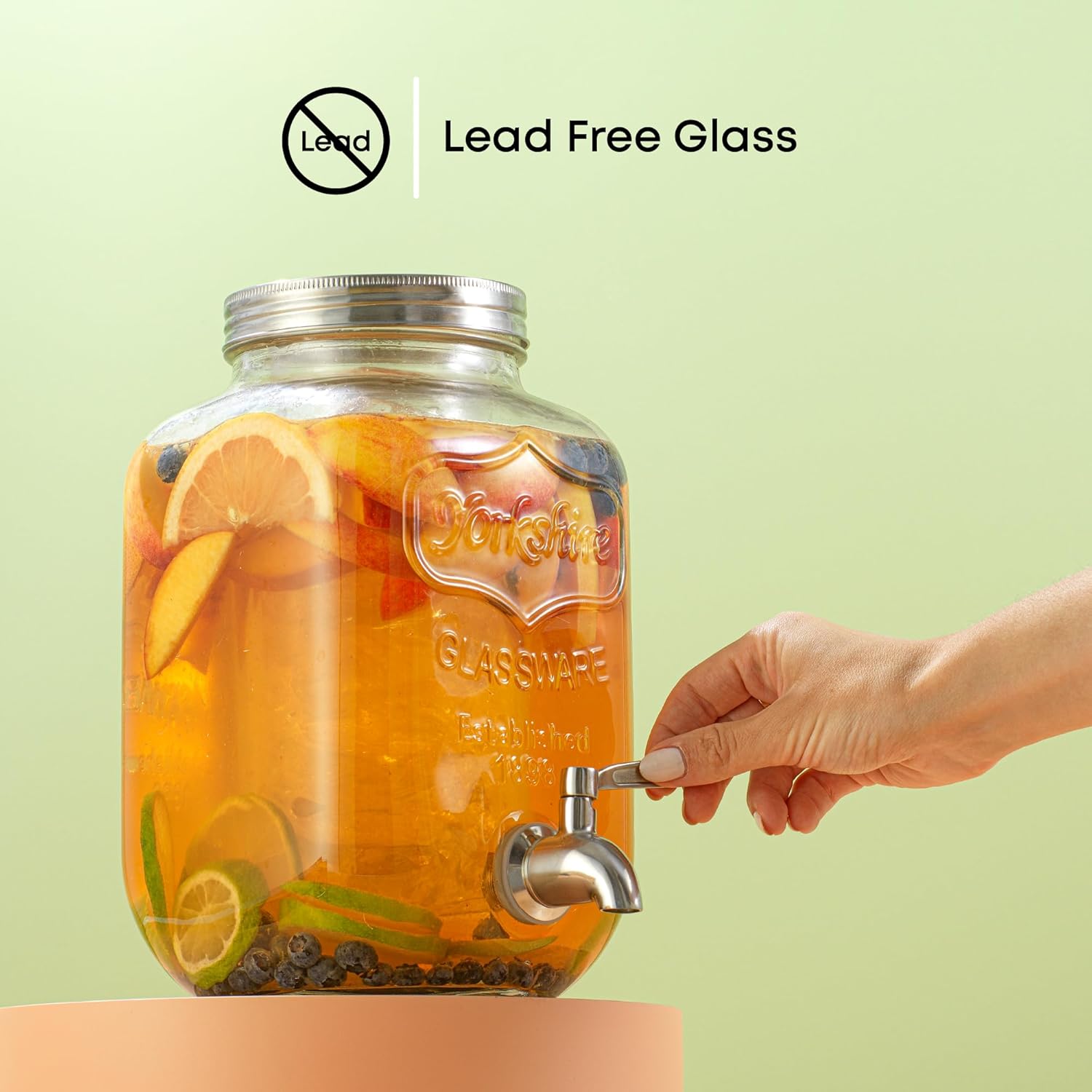 1-Gallon Drink Dispenser. Glass Beverage Dispenser with Stainless steel Spigot plus Ice Cylinder and Fruit Infuser!