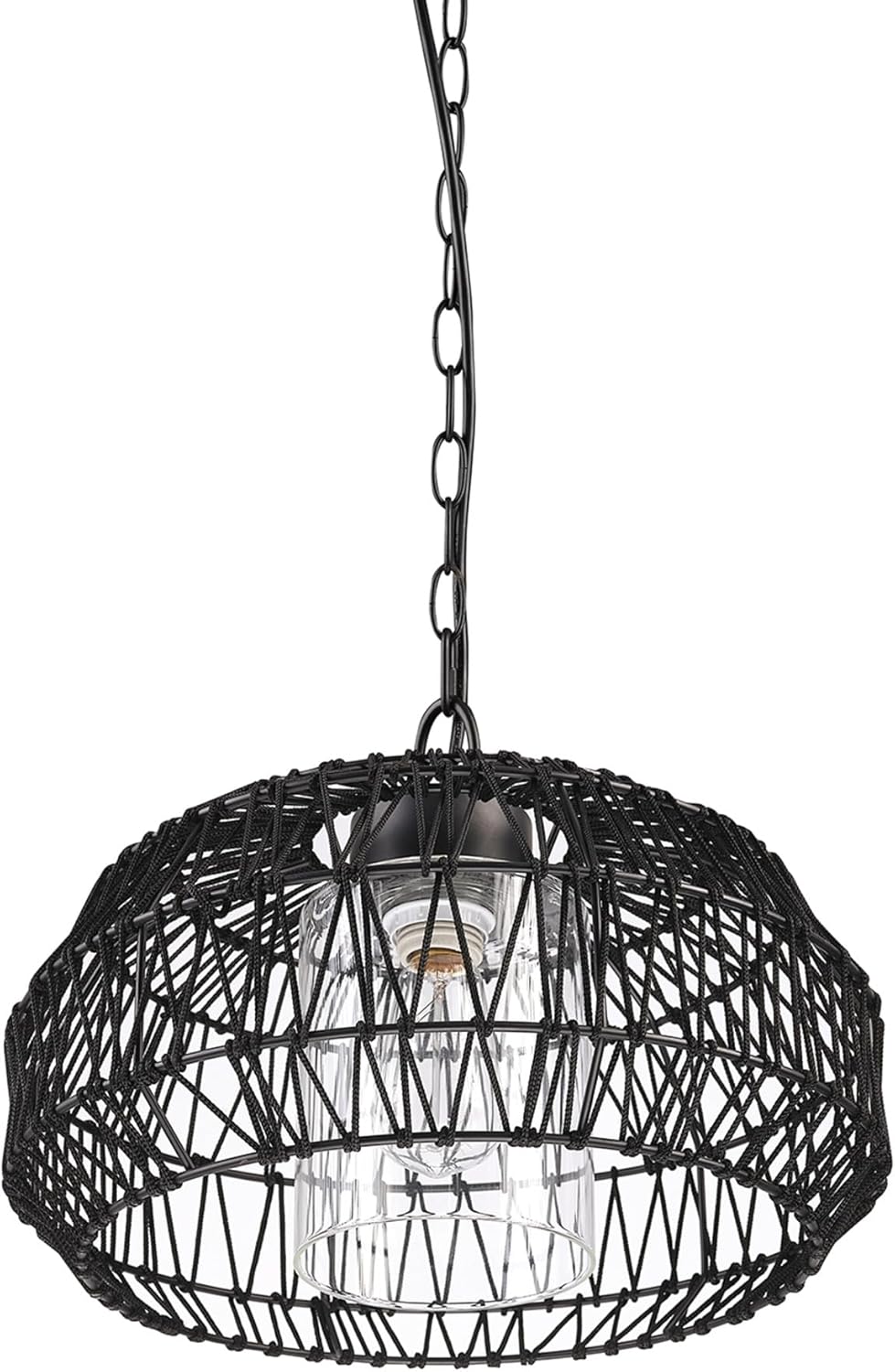 1-Light Outdoor/Indoor Plug-in Pendant Light, Black Woven Fabric Shade, Matte Black Finish, 20-Foot Designer Cord