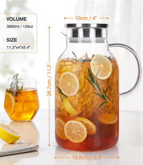 1 Gallon Glass Pitcher with Lid and Spout, 128oz Water Pitcher with Handle for Fridge, Large Iced Tea Jug
