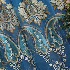 1 Pair European Double Layer Curtains with Valances for Living Room Bedroom Luxury Embroidered Curtains (Blue