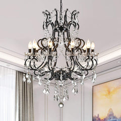 10 Lights Crystal Chandelier, Modern Candle Pendant Light, K9 Raindrop Hanging Lighting Fixture, Adjustable Chain for Living Room, Bedroom, Dining Room, Kitchen Island, Black