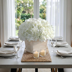 10" Artificial Hydrangea Flower in Planter for Table Centerpiece(White) | No Assembly Needed, Silk Faux Flowers in