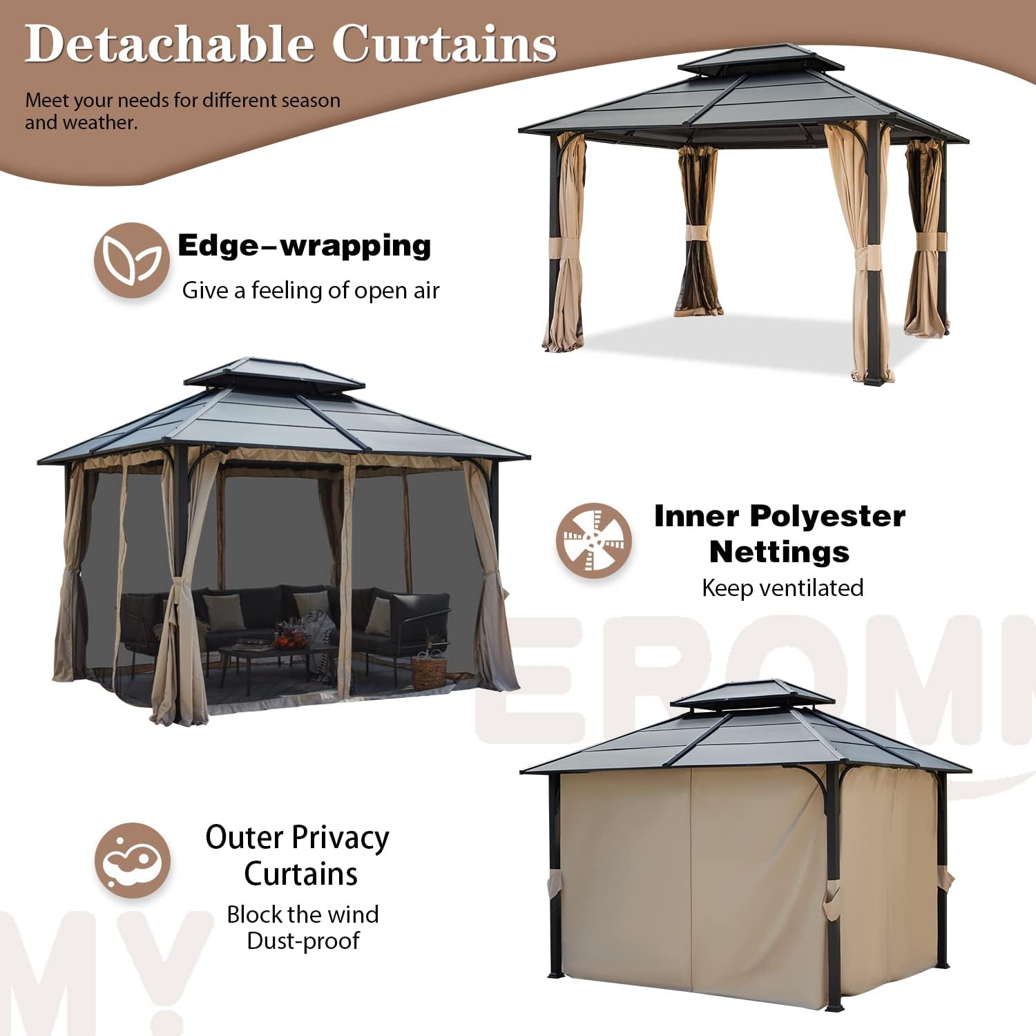 10'x12' Hardtop Gazebo, Double Metal Roof Canopy with Aluminum Frame, Netting and Shaded Curtains Included