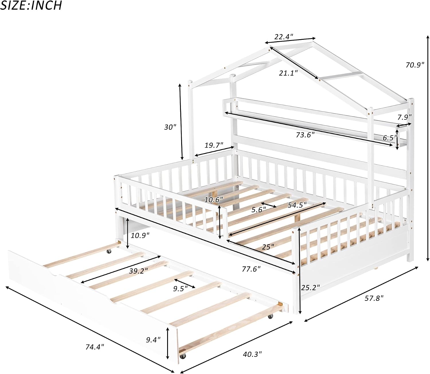 & Bright Designs Wooden Full Size House Bed with Twin Size Trundle,Kids Bed with Shelf, White(Full, White+Trundle)