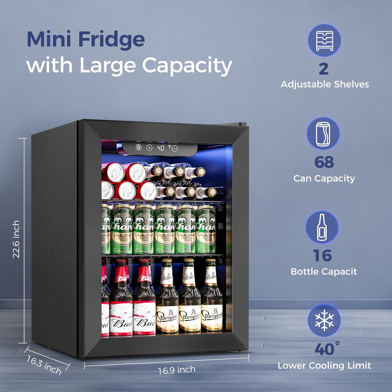 1.7 Cu.Ft Beverage Refrigerator Cooler - 68 Can Mini Fridge Glass Door for Drink Soda Beer Wine