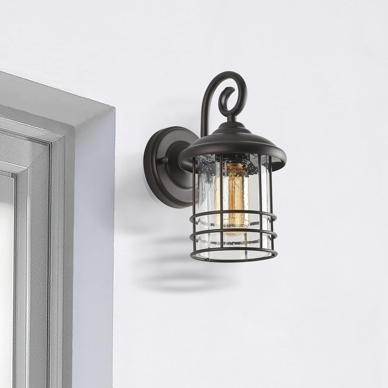 1-Pack 5.5" Narrow Oil Rubbed Bronze Outdoor Wall Sconce, 9.8" Rustic Farmhouse Porch Light with Seedy Glass
