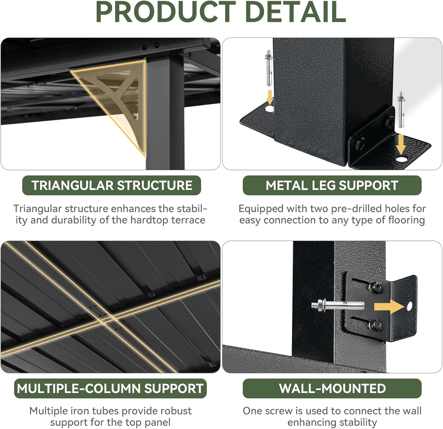 10' x 12' Hardtop Lean-to Gazebo, Wall-Mounted Pergola with Sloping Galvanized Steel Roof – Black