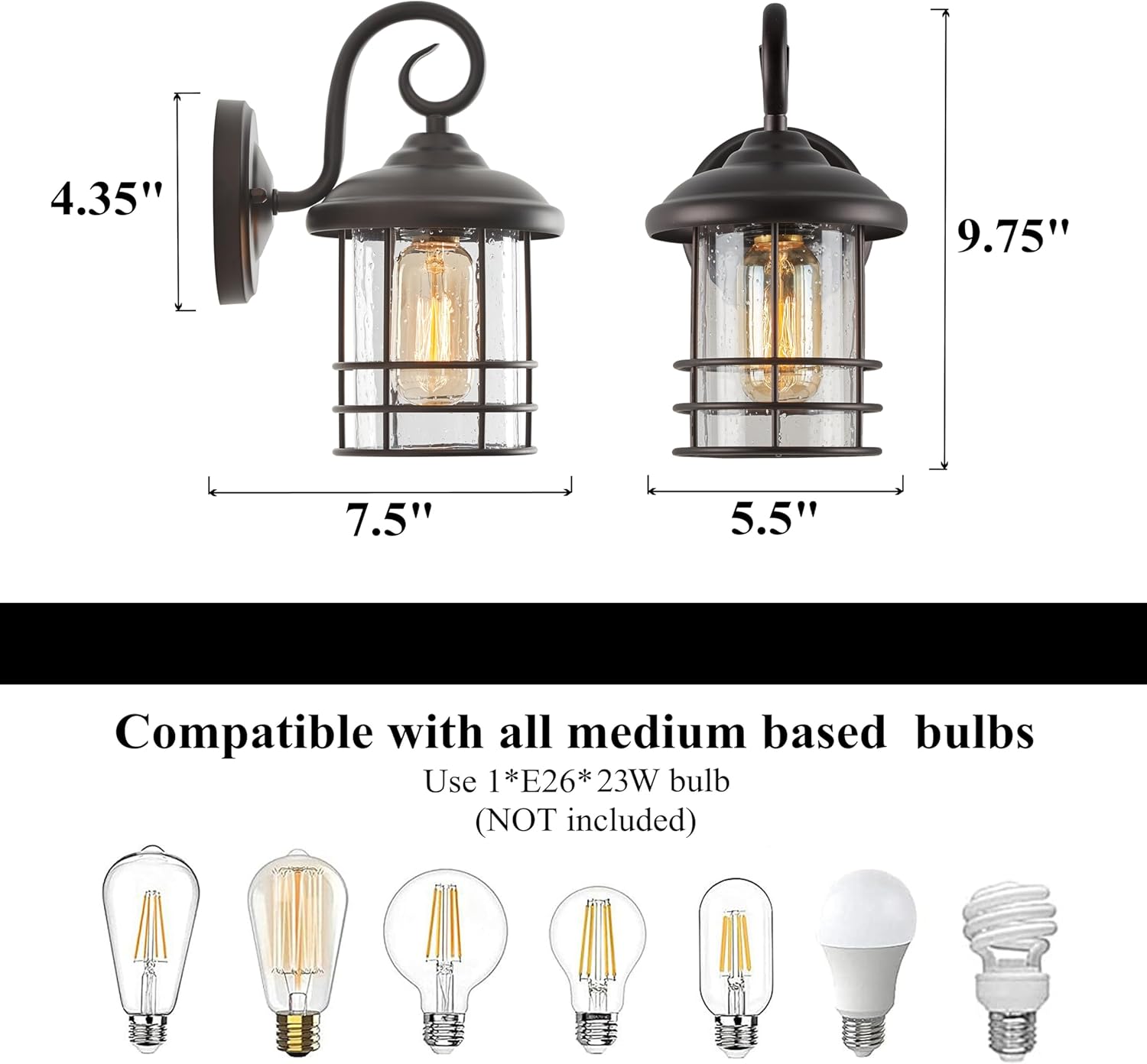 1-Pack 5.5" Narrow Oil Rubbed Bronze Outdoor Wall Sconce, 9.8" Rustic Farmhouse Porch Light with Seedy Glass