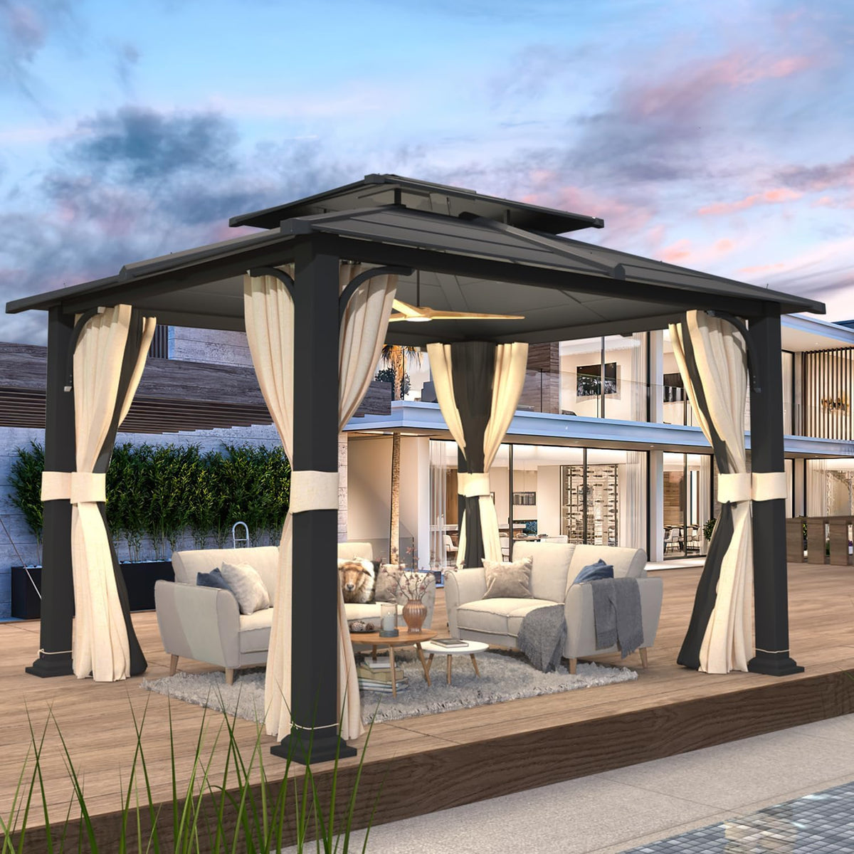 10'x12' Hardtop Gazebo, Double Metal Roof Canopy with Aluminum Frame, Netting and Shaded Curtains Included