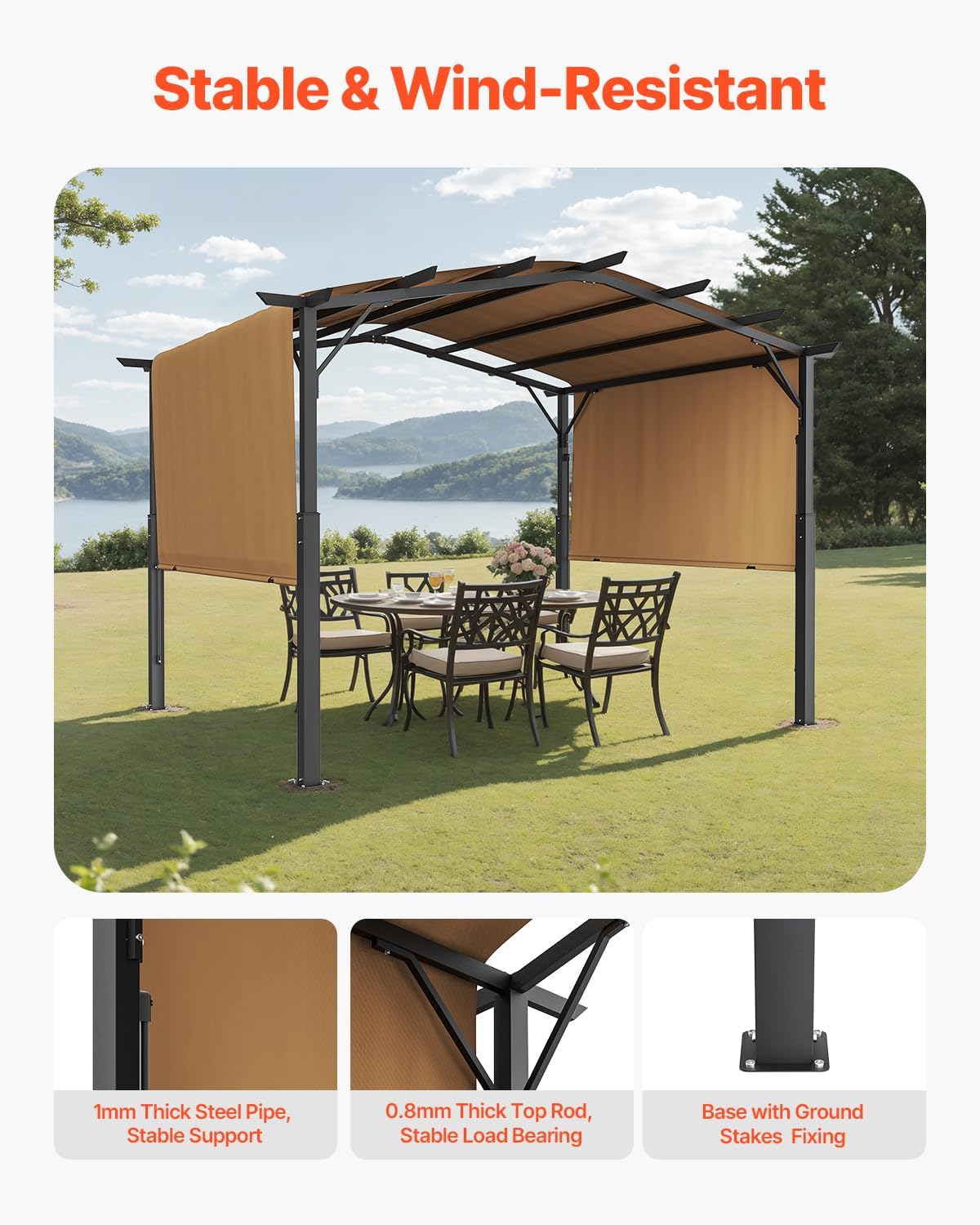 10 x 10 ft Outdoor Pergola, Arched Top Metal Pergola, Retractable Pergola with Sun Shade Canopy