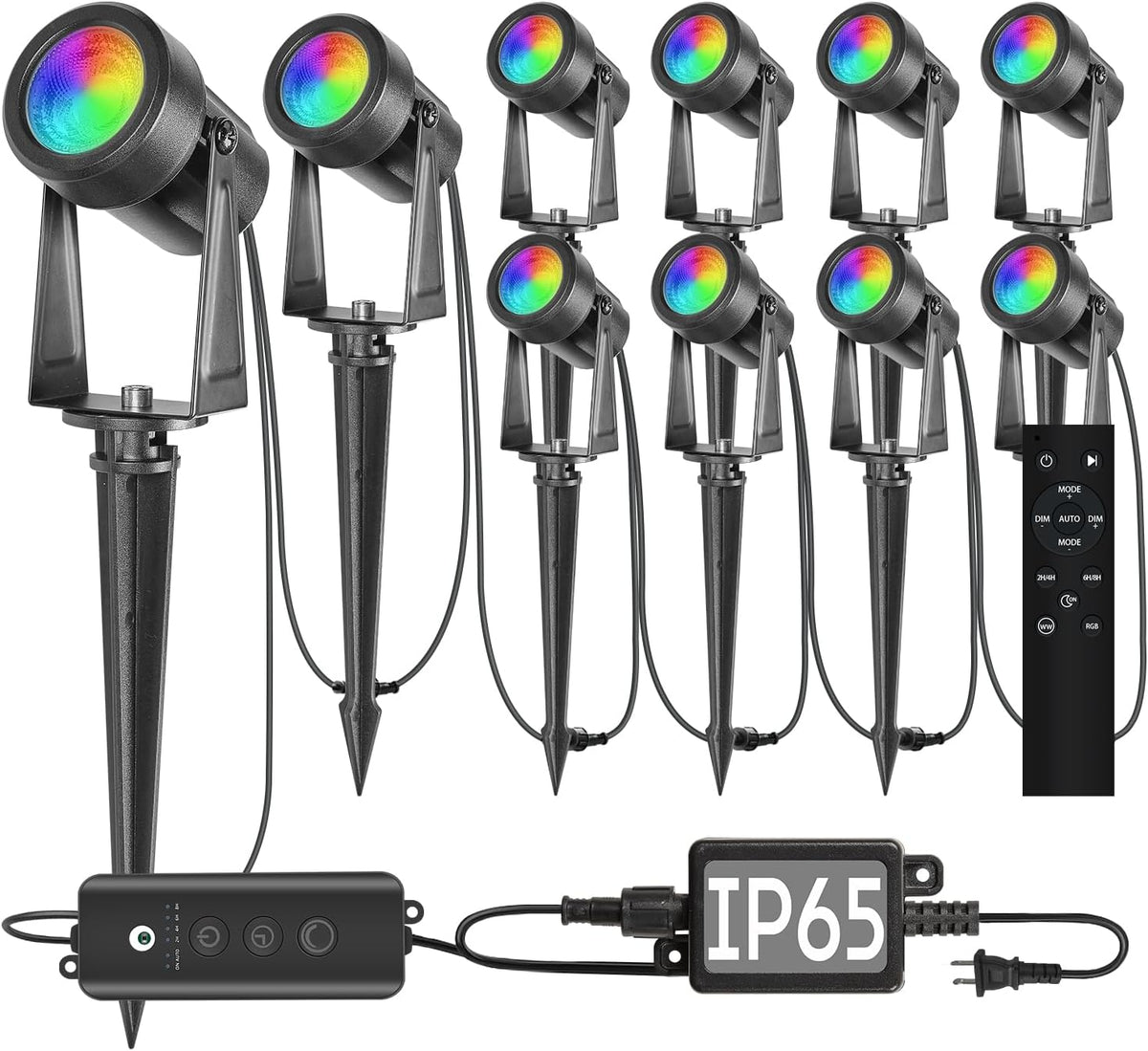 10 Pack Outdoor RGBW Landscape Lights, Color Changing Spot Uplights | Dusk to Dawn Sensor Controller with Remote