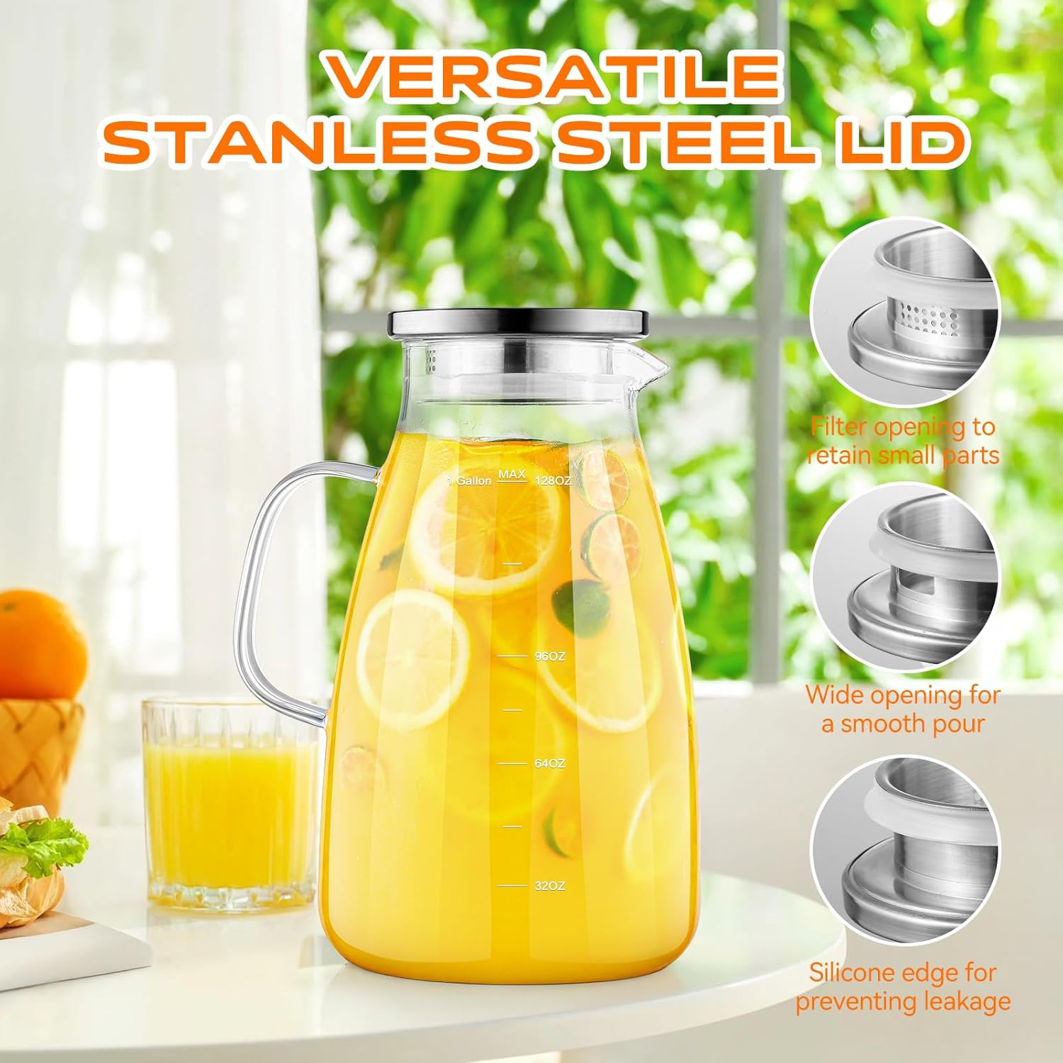 1 Gallon 128oz Glass Pitcher, Water Pitcher with Lid and Spout, Glass Carafe for Hot/Cold Drink, Water Jug for Iced