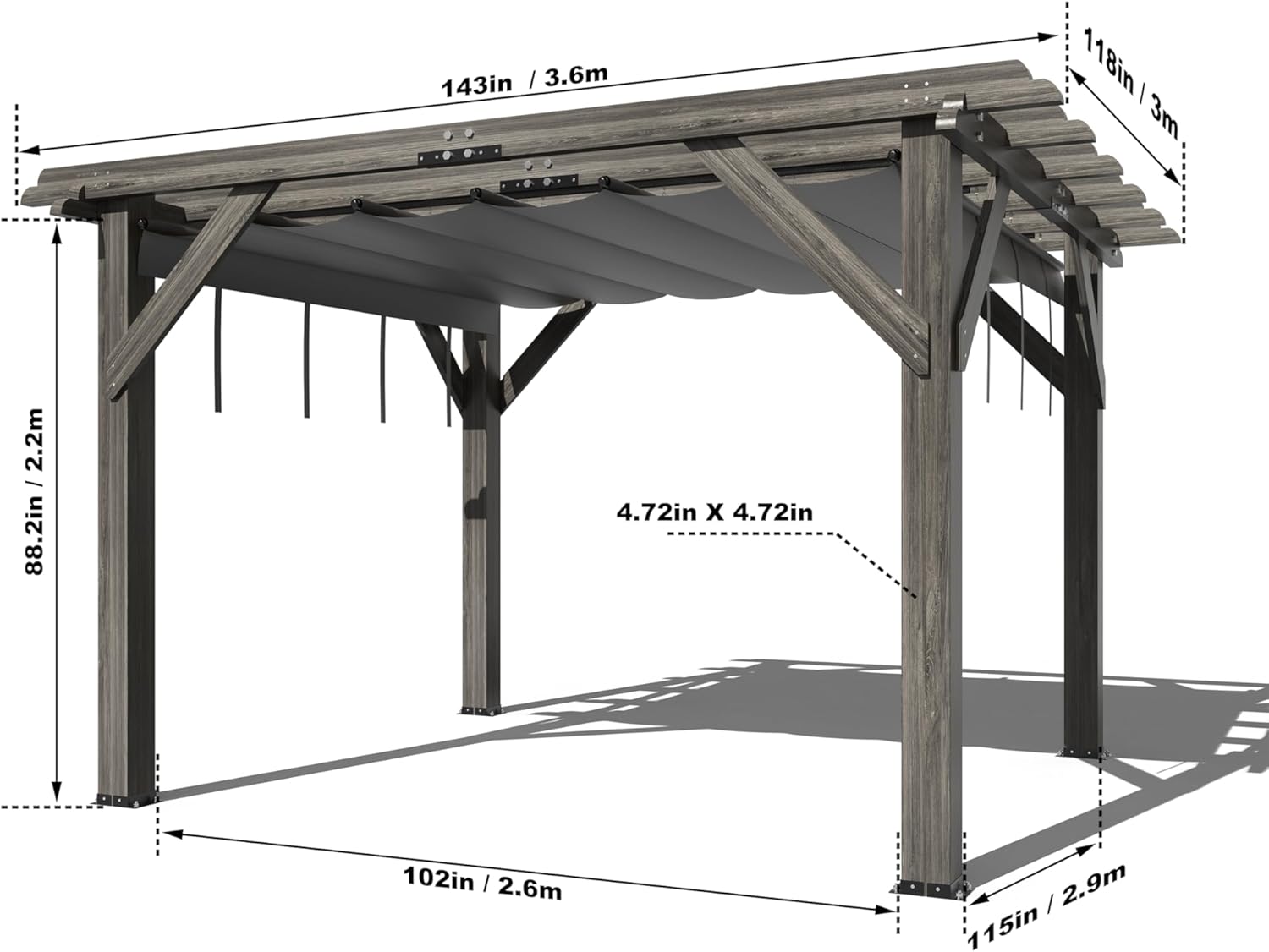 10 X 12 FT Wood Pergola, Solid Structure, Retractable Shade Canopy, Outdoor Wooden Pergola