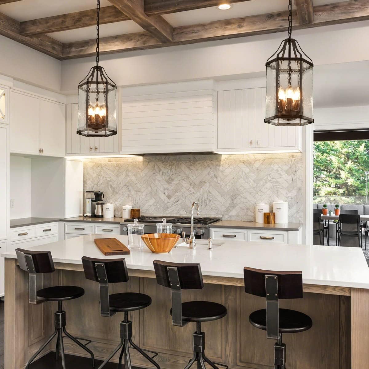 10" Modern 5-Light Exterior Black Lantern Pendant Light Fixture with Clear Rippled Glass Mini Industrial Hanging Cage
