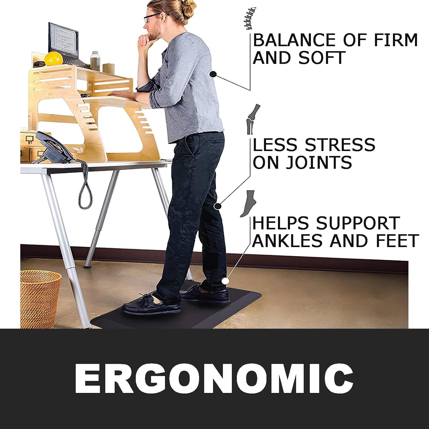 1" Extra Thick Anti Fatigue Comfort Standing Mat | Kitchen Rug, Desk Mats,Massage Points, 140D high Density PU Foam