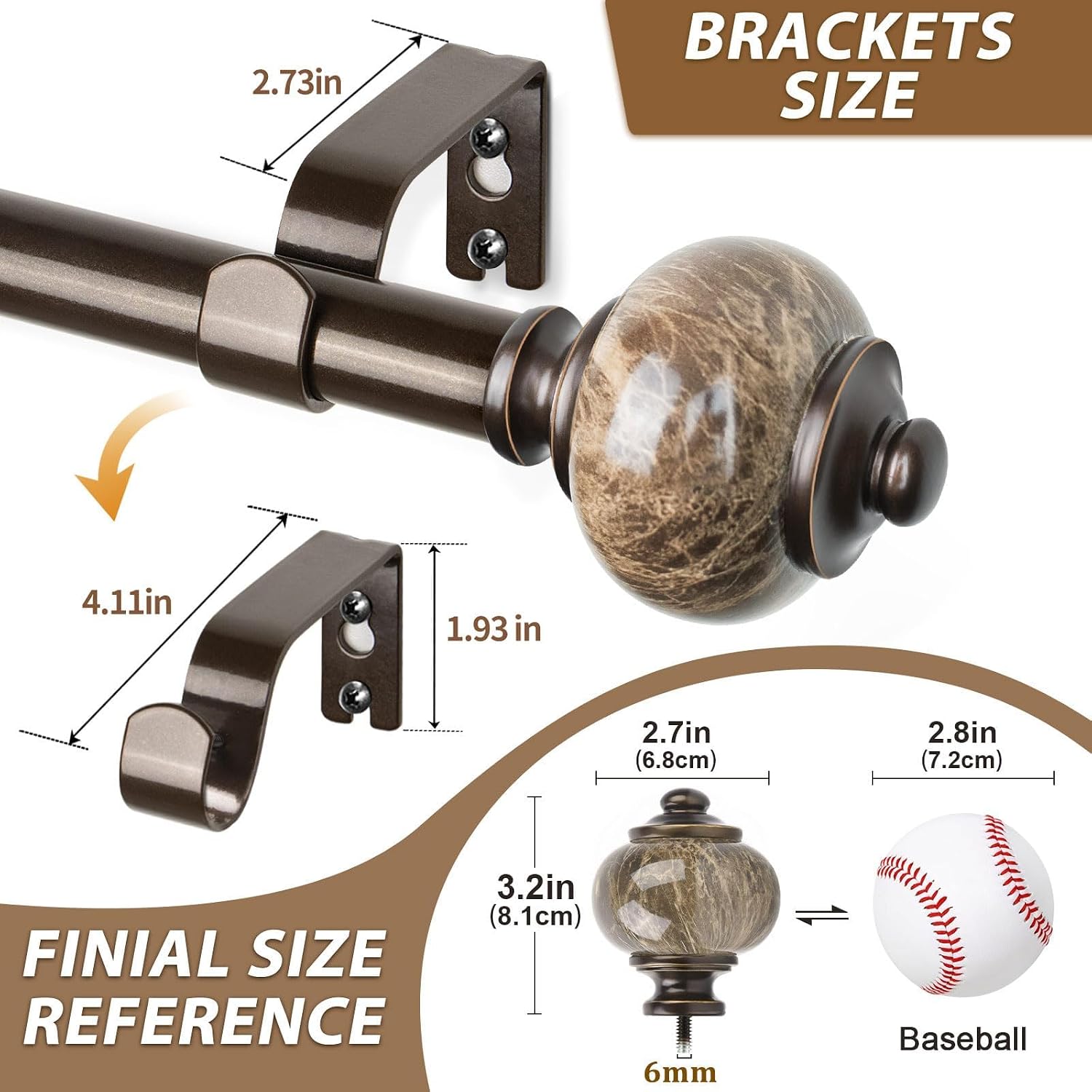 1 Inch Curtain Rods for Windows Bronze Heavy Duty Curtain Rod, Adjustable Long Drapery Rods