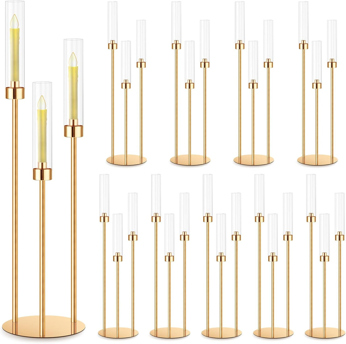 10 Set 3 Arm Candelabra Centerpiece 33.8 Inch Candle Holder Gold Candelabra Metal Floor Pillar Candlesticks for Tables Wedding Home Party Decoration