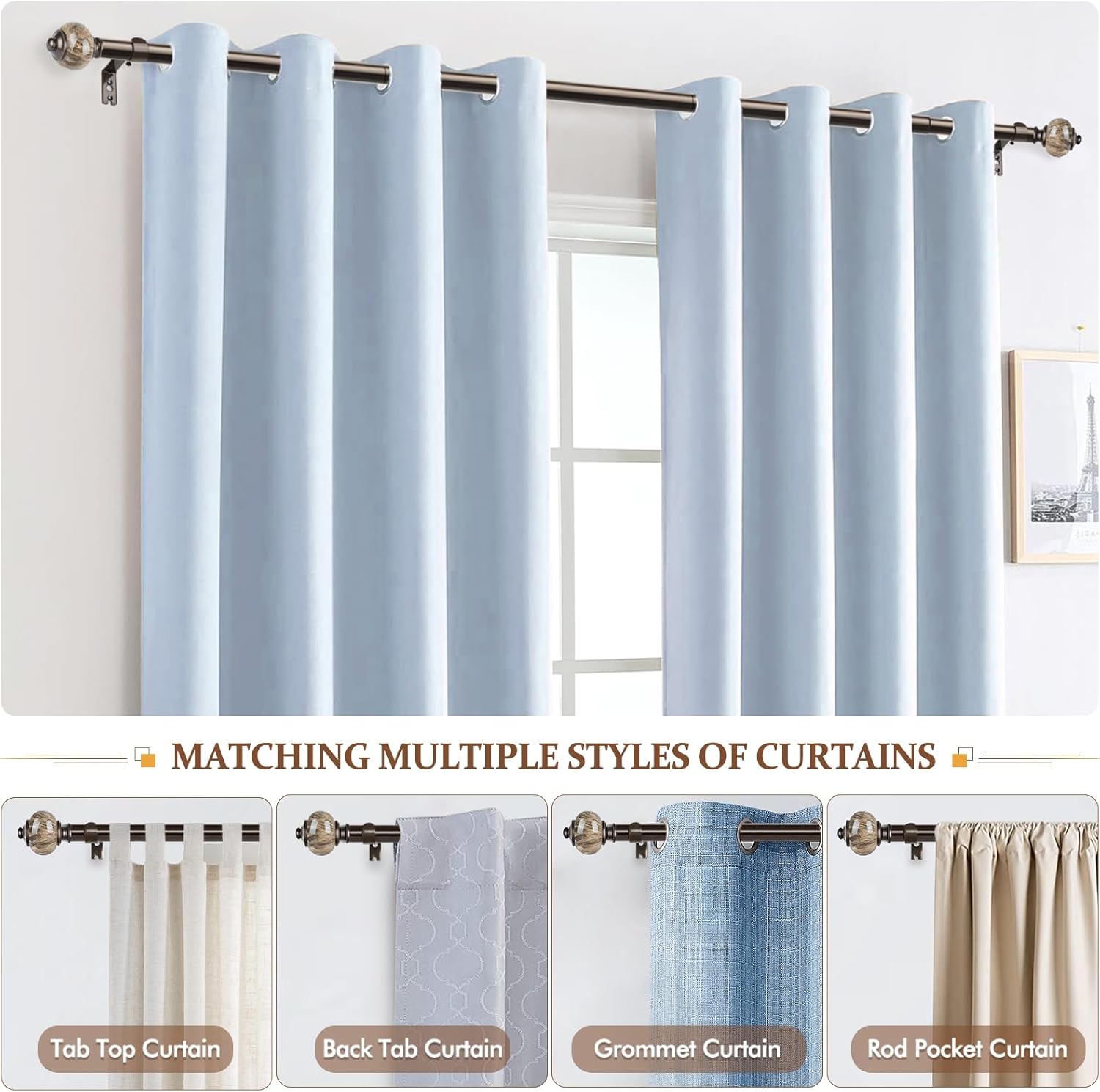 1 Inch Curtain Rods for Windows Bronze Heavy Duty Curtain Rod, Adjustable Long Drapery Rods