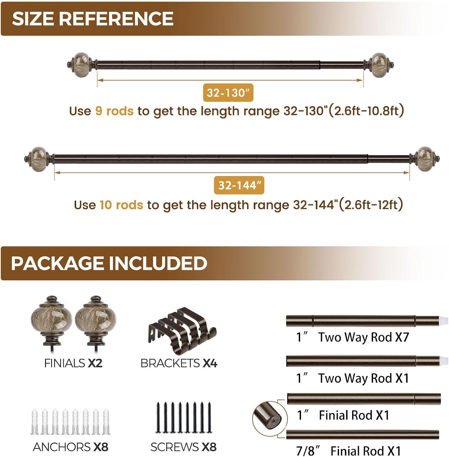 1 Inch Curtain Rods for Windows Bronze Heavy Duty Curtain Rod, Adjustable Long Drapery Rods