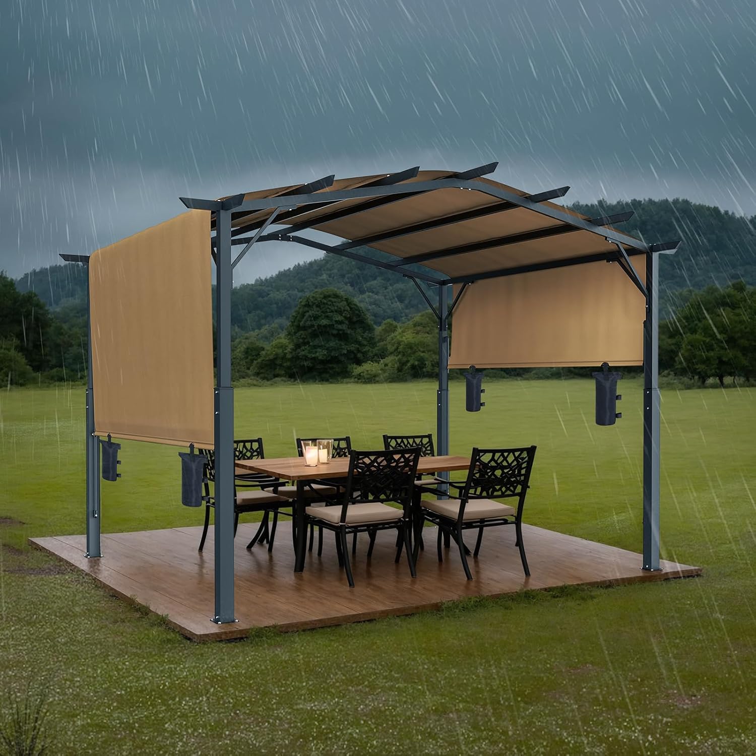 10 x 10 ft Outdoor Pergola, Arched Top Metal Pergola, Retractable Pergola with Sun Shade Canopy