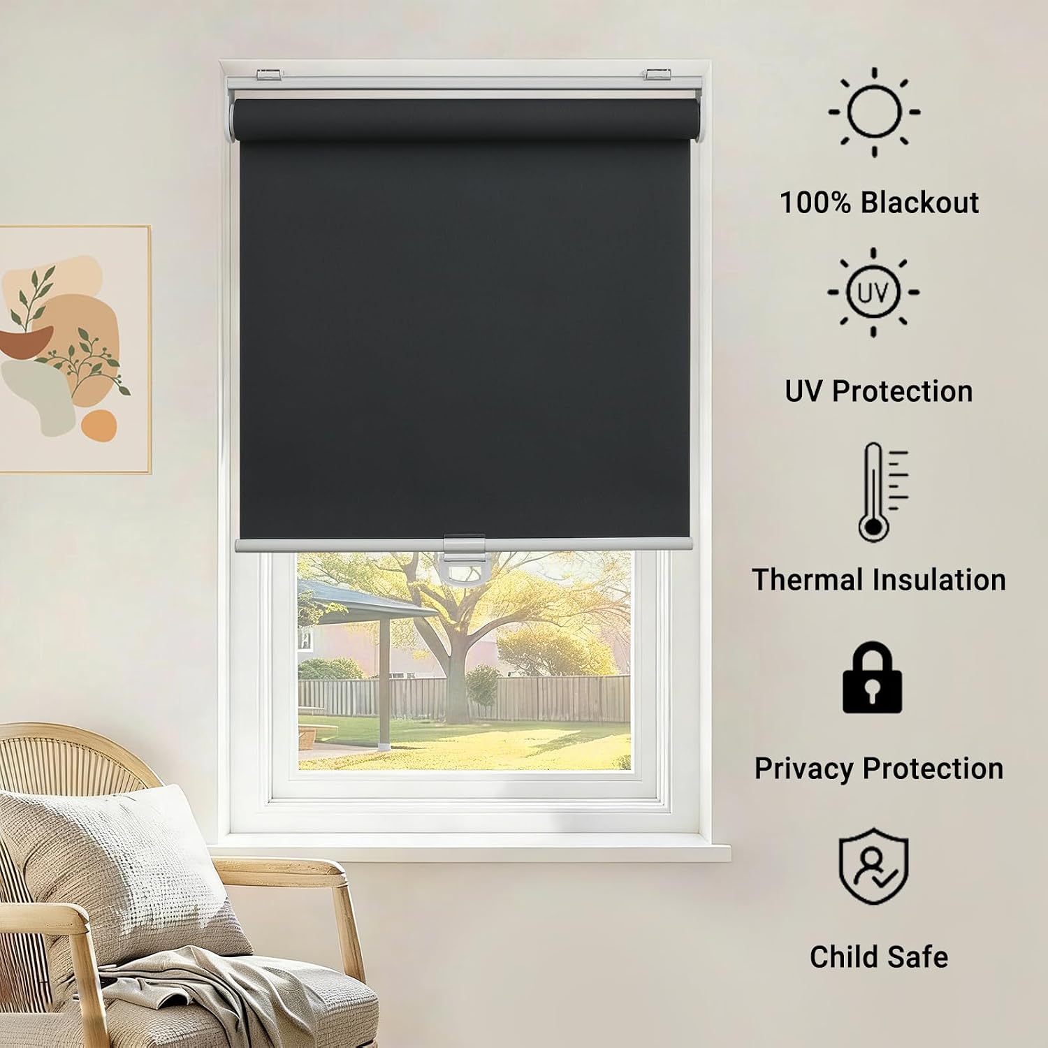 100% Blackout Indoor Cordless Roller Shades for Windows,Room Darkening Rolled Up Blinds with Spring System,Thermal