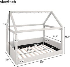 & Bright Designs Full Size Upholstered House Bed for Kids, Montessori Floor Bed with LED Light Strips, House Floor