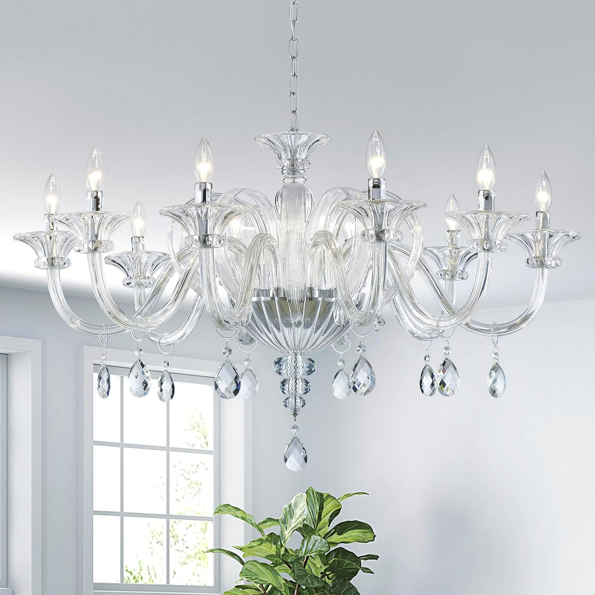 10 Light Crystal Chandelier, Modern Dining Room Lighting Fixture, Clear Pendant Light with Crystal Ball for Bedroom Livingroom, D37xW37xH22, E12 Socket