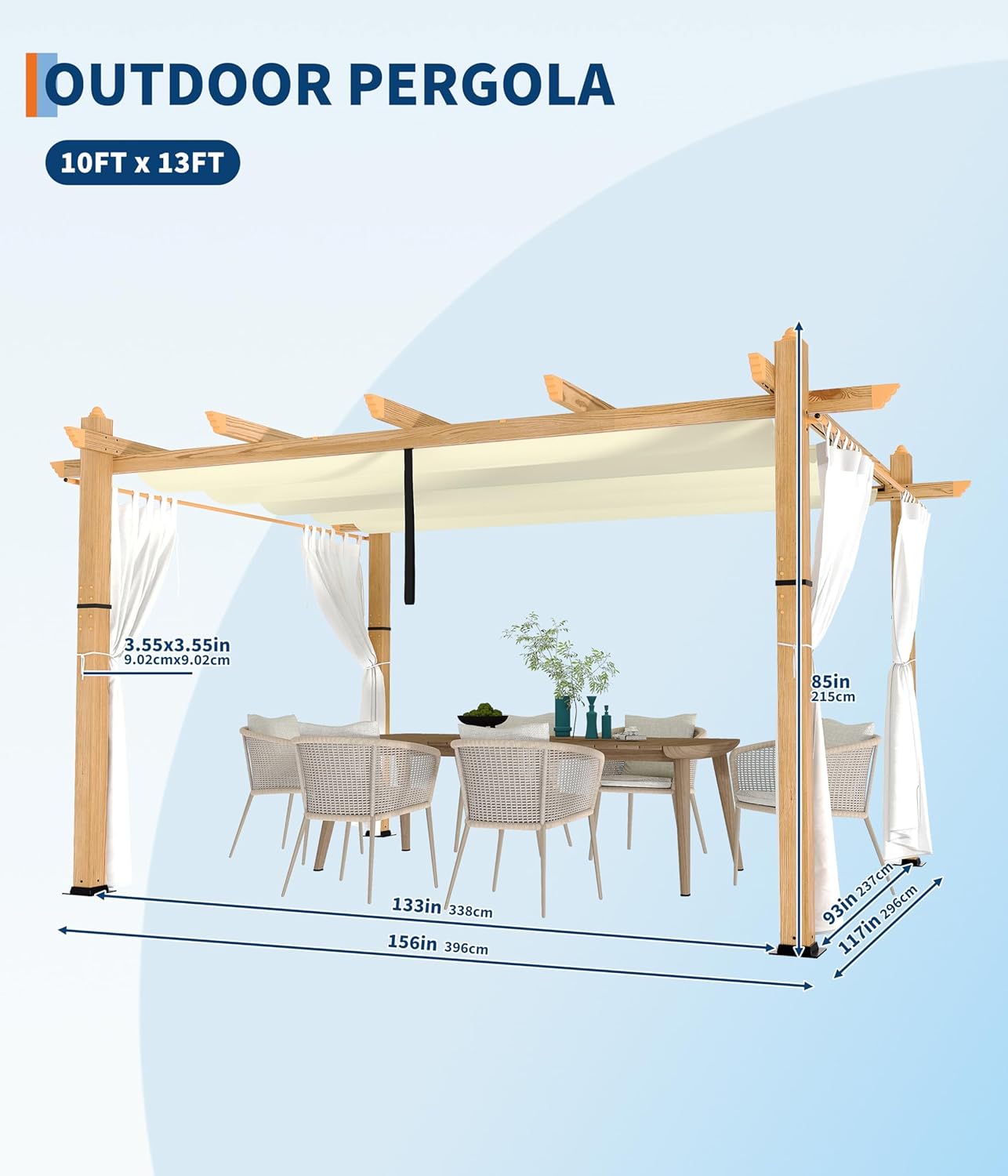 10 x 13 ft Wood Grain Aluminum Pergola with Retractable Canopy & Netting, Outdoor Sun Shade Shelter for Patio, Garden