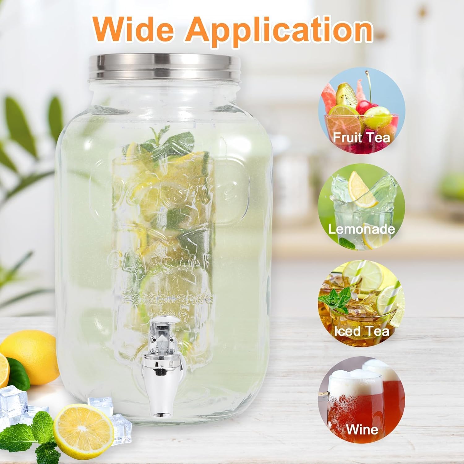 1 Gallon Glass Drink Dispensers For Parties-Set of 2, Drink Dispenser with Fruit Infuser & Stand,Juice or Beverage