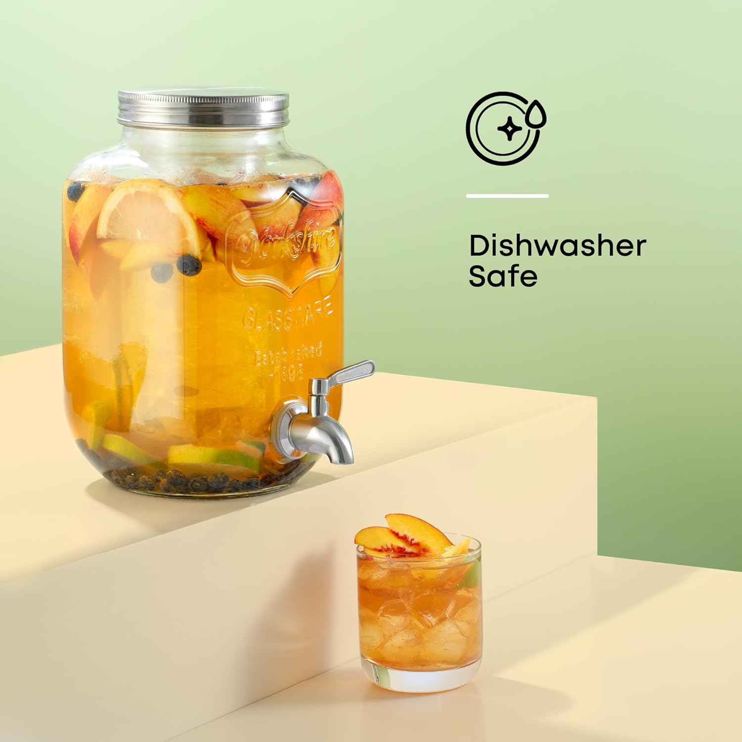 1-Gallon Drink Dispenser. Glass Beverage Dispenser with Stainless steel Spigot plus Ice Cylinder and Fruit Infuser!
