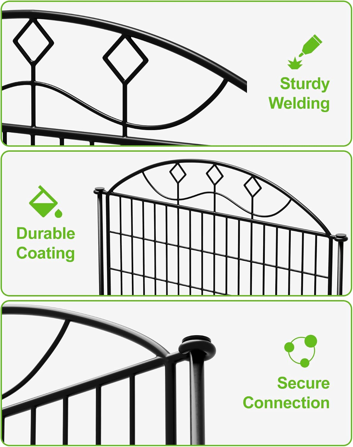 10 Panels 33in H x 29in L Garden Fence, 24ft L Black Metal No Dig Fence Temporary Animal Barrier for Dogs & Rabbits