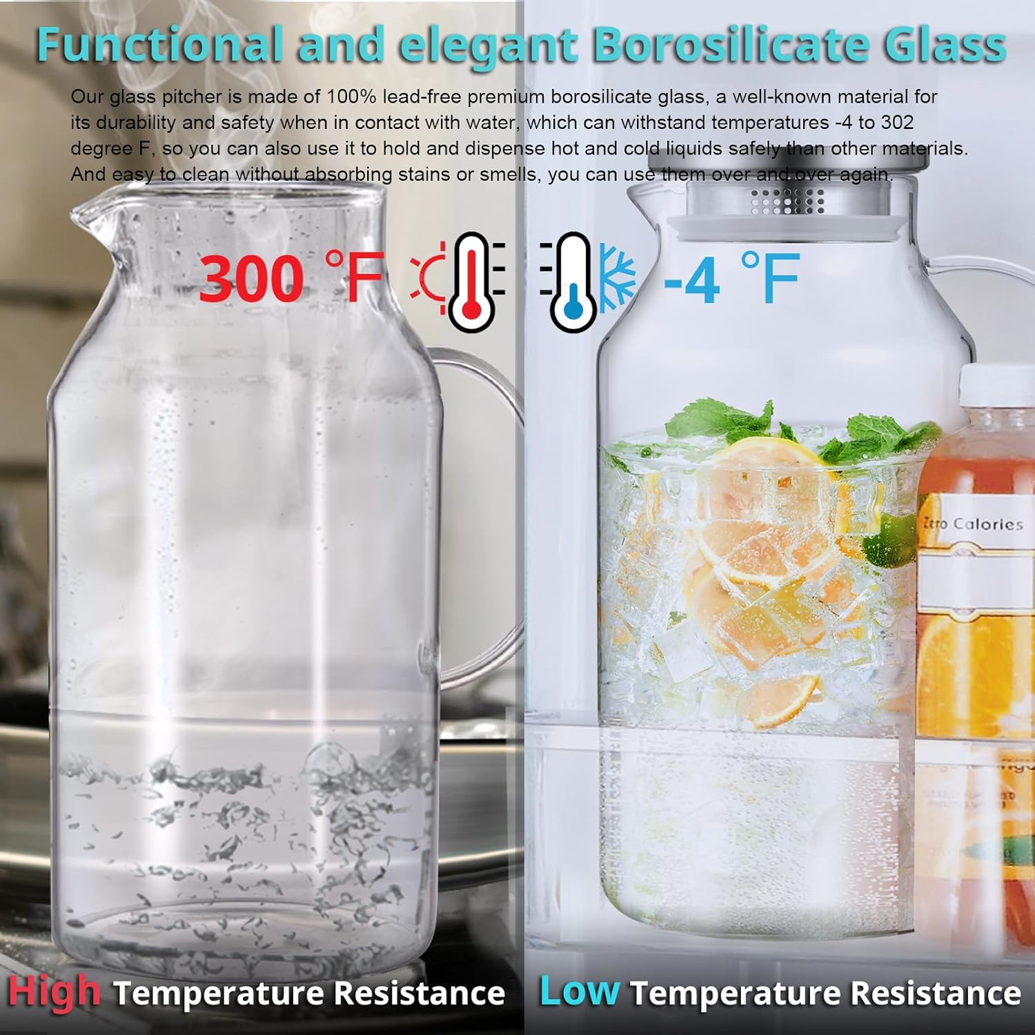 1 Gallon Glass Pitcher with Lid and Handle, Water Pitcher for Fridge, Glass Carafe for Hot/Cold Water, Large Iced Tea