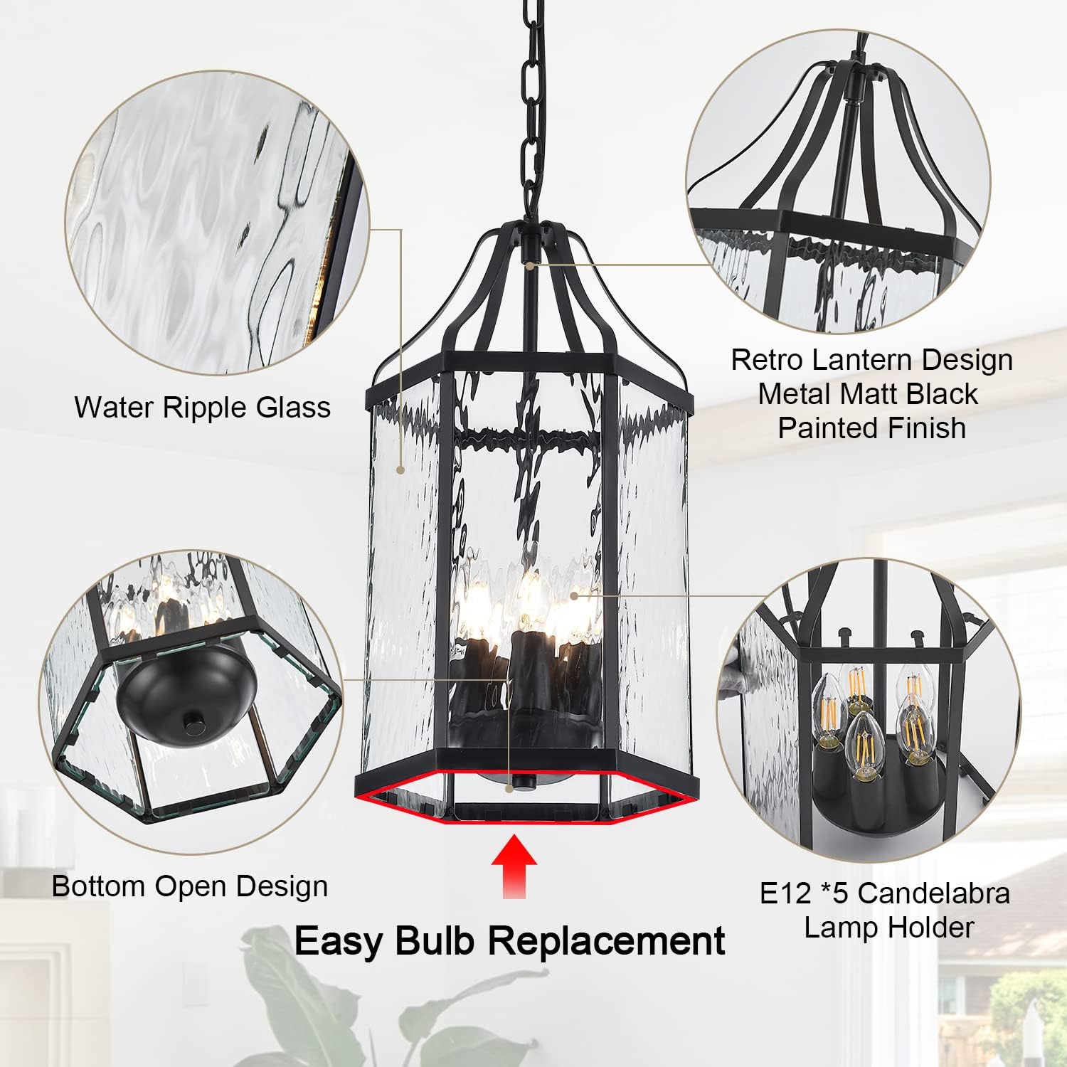 10" Modern 5-Light Exterior Black Lantern Pendant Light Fixture with Clear Rippled Glass Mini Industrial Hanging Cage