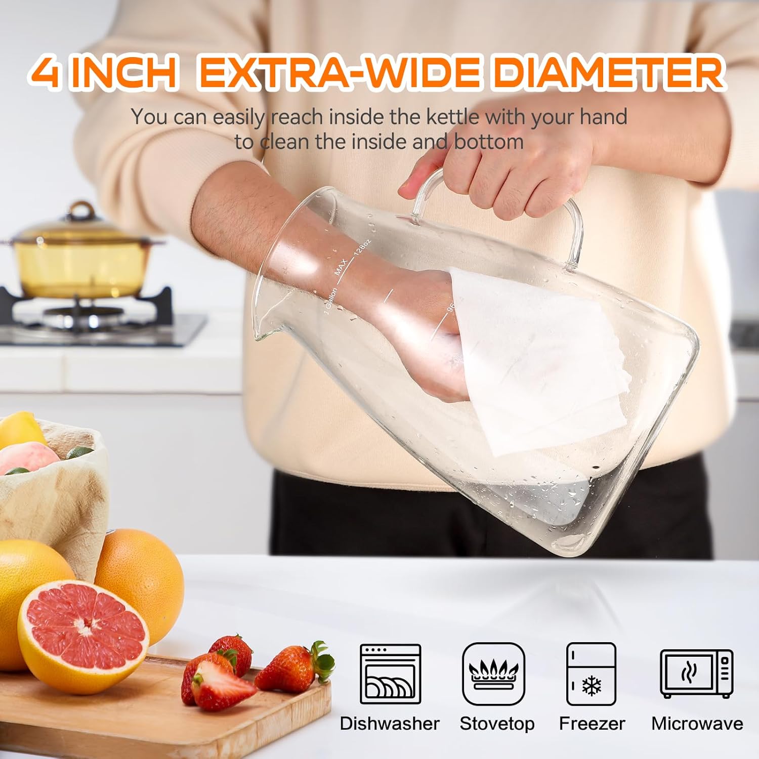 1 Gallon 128oz Glass Pitcher, Water Pitcher with Lid and Spout, Glass Carafe for Hot/Cold Drink, Water Jug for Iced