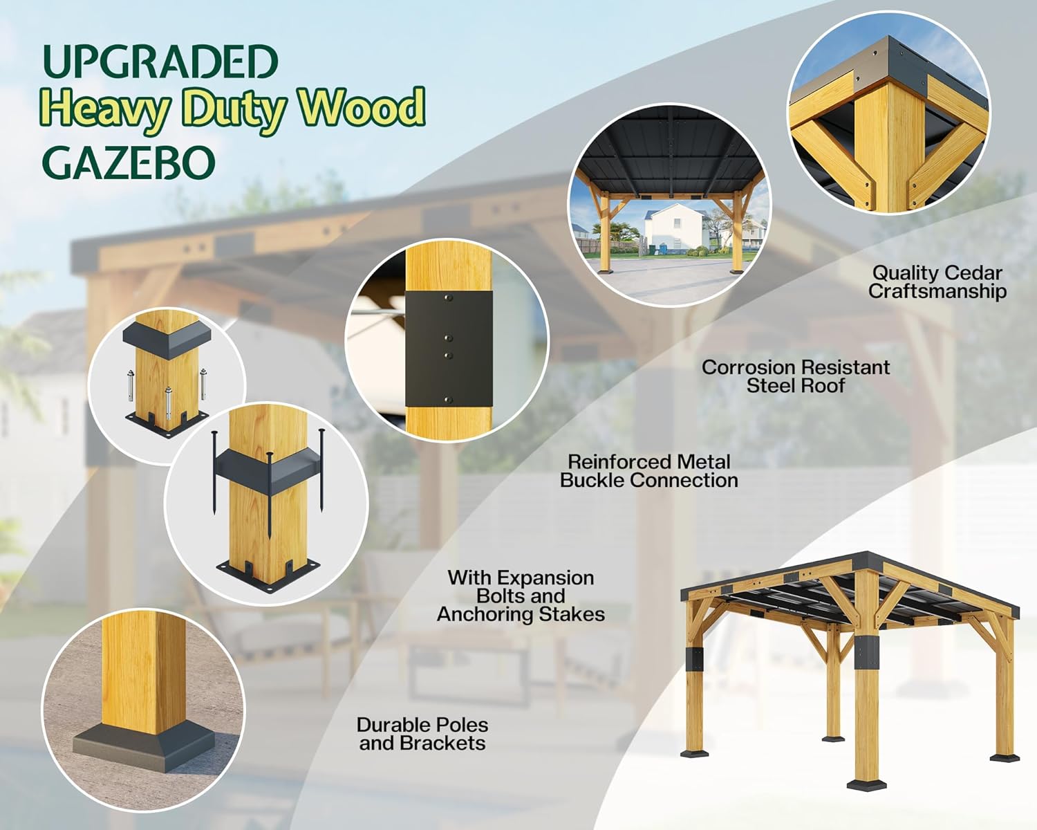 10' x 12' Cedar Wood Gazebo with Sloped Galvanized Steel Roof, Hardtop Gazebo Pavilion with Durable