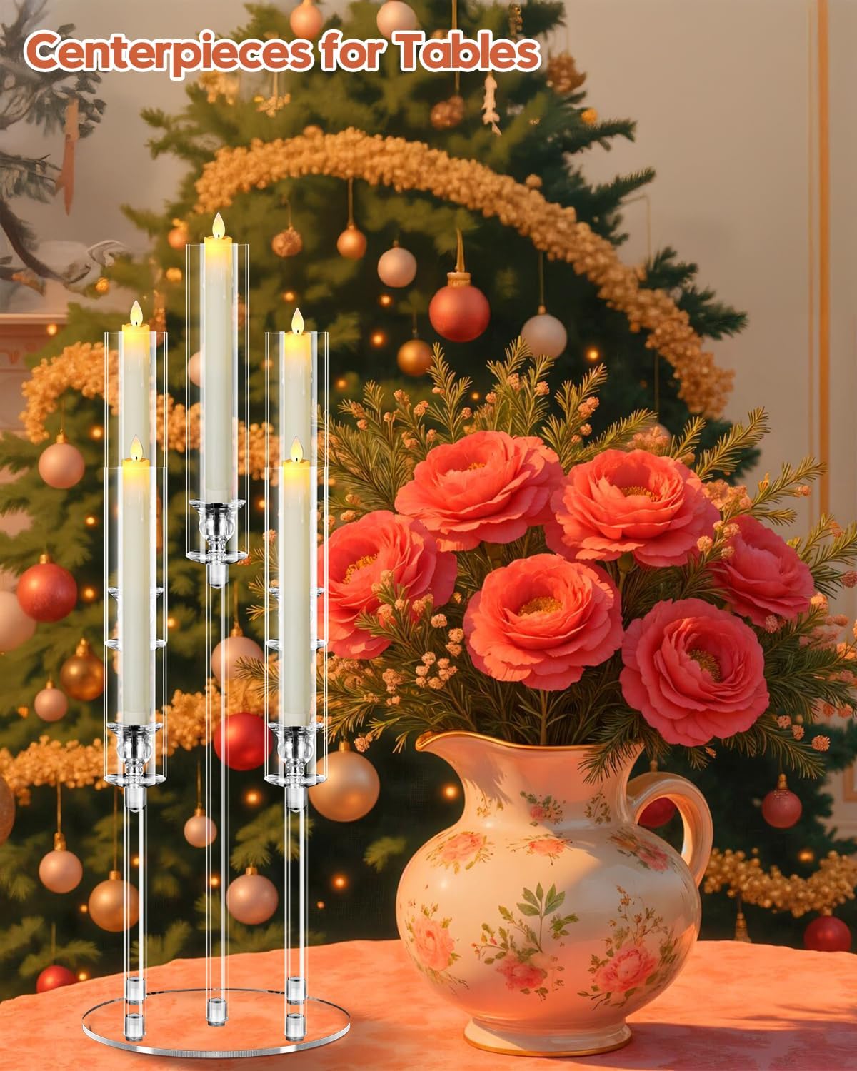 1 Set 5 Arm Acrylic Candle Holder with Candles, Mjkeomo 27'' Tall Table Candelabra, Complete Centerpiece Set for Fireplace Mantel, Wedding, Housewarming Gift