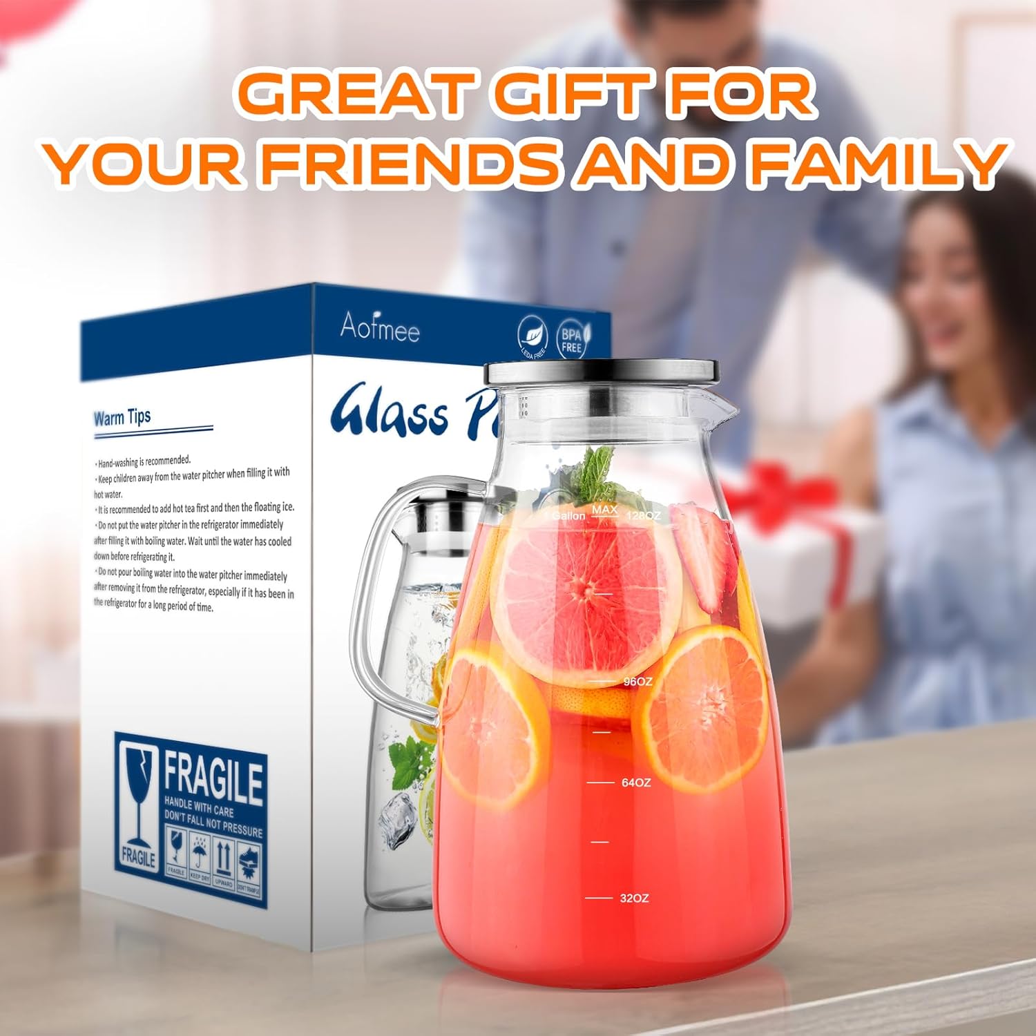 1 Gallon 128oz Glass Pitcher, Water Pitcher with Lid and Spout, Glass Carafe for Hot/Cold Drink, Water Jug for Iced
