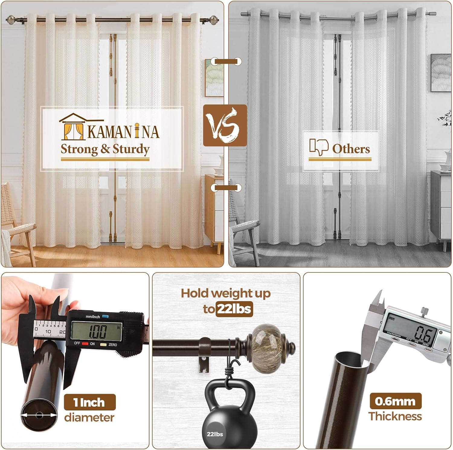 1 Inch Curtain Rods for Windows Bronze Heavy Duty Curtain Rod, Adjustable Long Drapery Rods