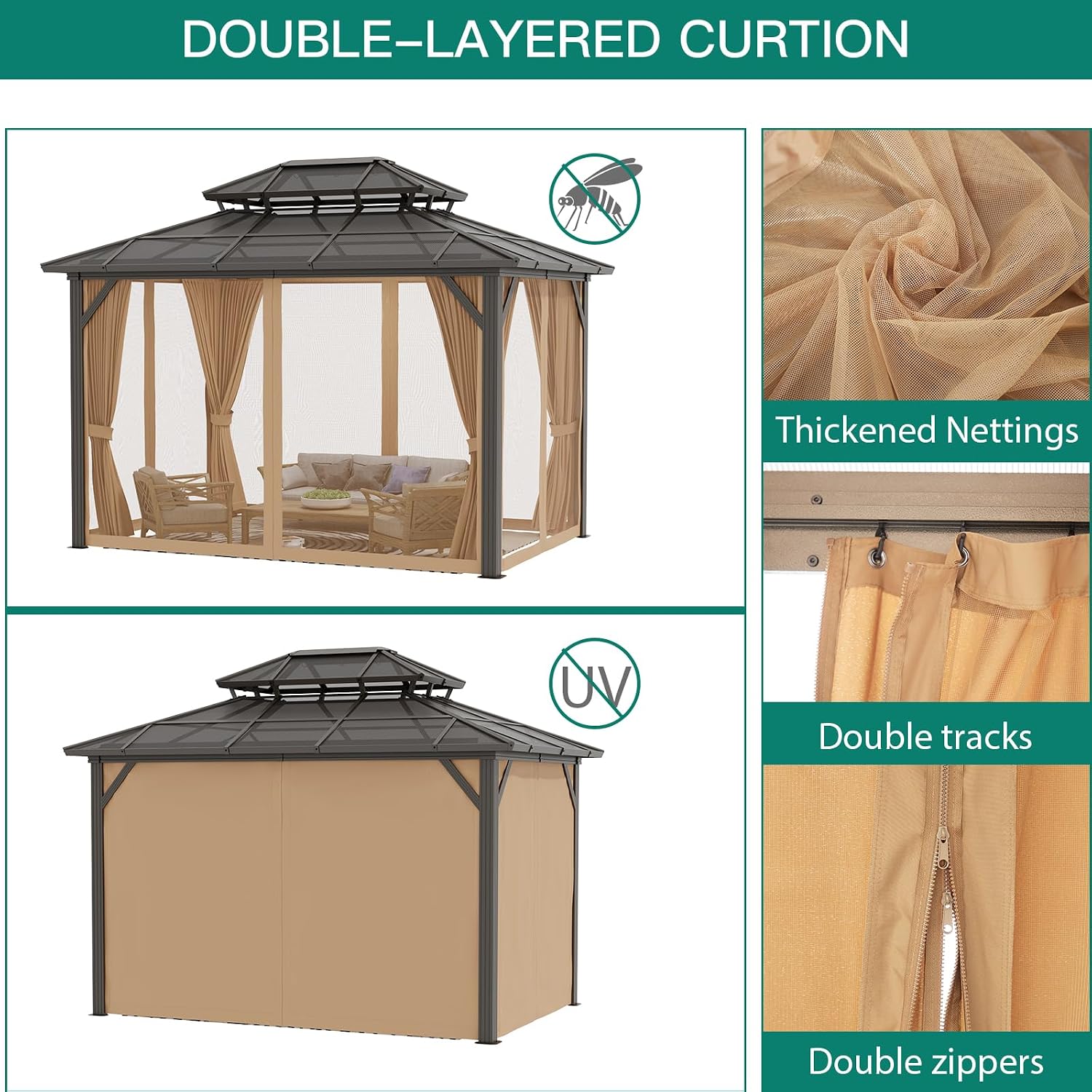 10'x12' Hardtop Gazebo, Outdoor Polycarbonate Double Roof Canopy