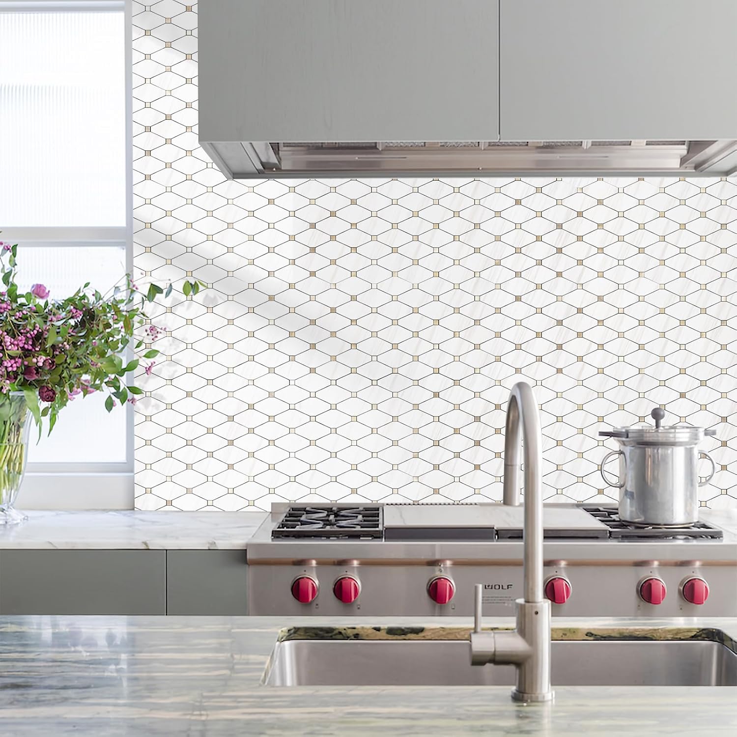 10 Sheets Peel and Stick Backsplash, Polished Dolomite PVC Mixed Metal Gold Kitchen Backsplash, Stick on Backsplash