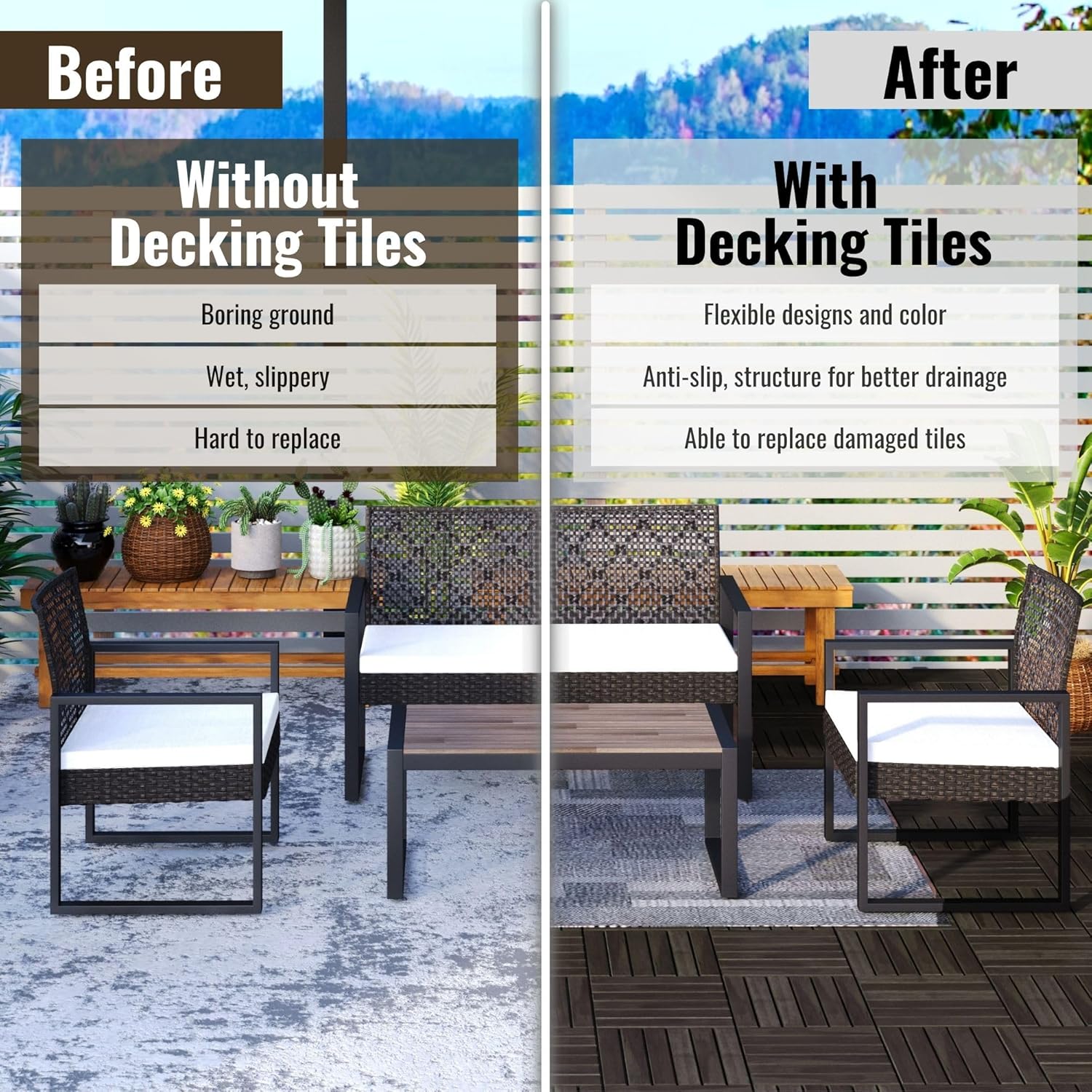10/30 PCS Interlocking Deck Tiles Striped Pattern, 12" x 12" Dark Brown Square Acacia Hardwood Outdoor Flooring for Patio, Bancony, Pool Side (10)