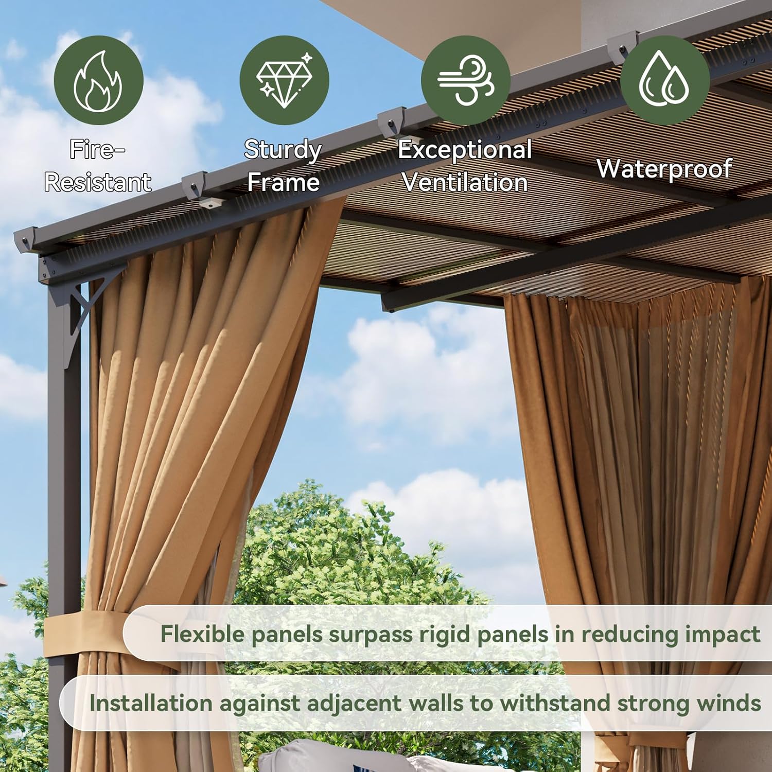 10'x12' Lean to Gazebo with Mosquito Net and Curtains, Aluminum Frame, Polycarbonate Panel