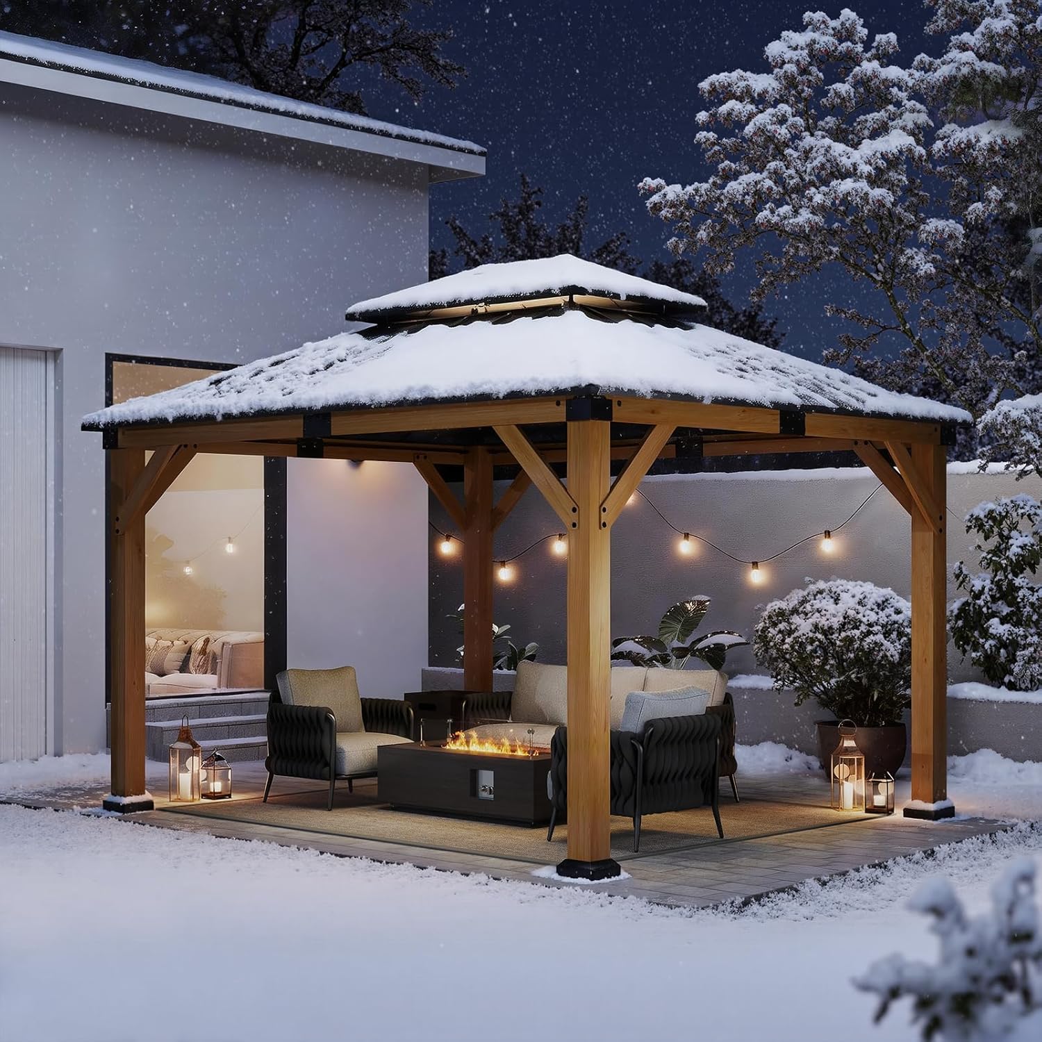 10' X 12' Wood Gazebo Hardtop Outdoor Permanent Pavilion with Double Galvanized Steel Roof Snow Support