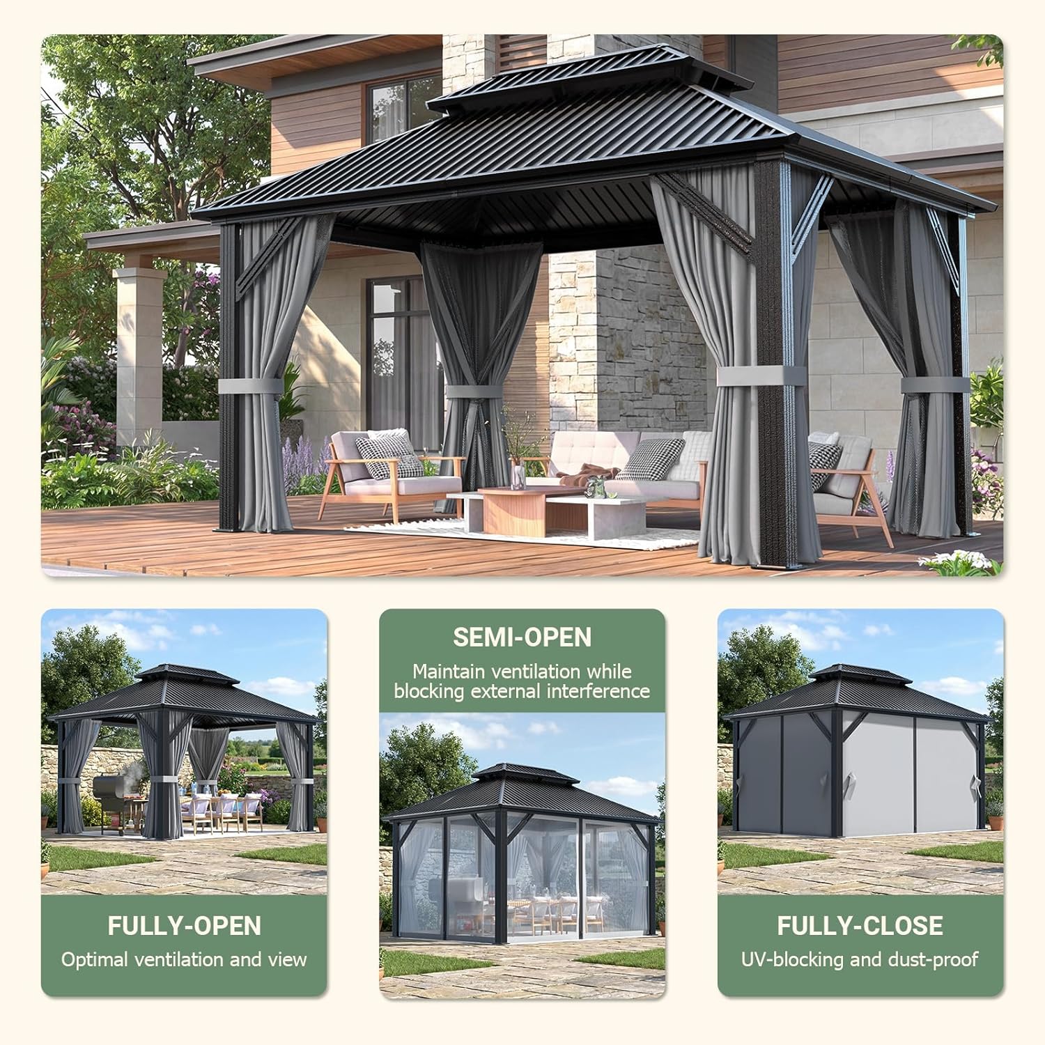 10'x12' Outdoor Aluminum Gazebo Grey | Hardtop Pergola with Galvanized Steel Double Roof, Curtain and Netting