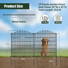 10 Panels No Dig Decorative Garden Fence, 33in H x 23.6ft L Animal Barrier Fencing, Rustproof Dog Fence Outdoor for