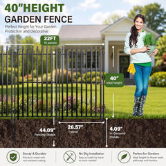 10 Panels No Dig Decorative Garden Fence with Gate, 40in(H) × 22ft(L) Heavy-Duty Rustproof Metal Panels, Outdoor Dog