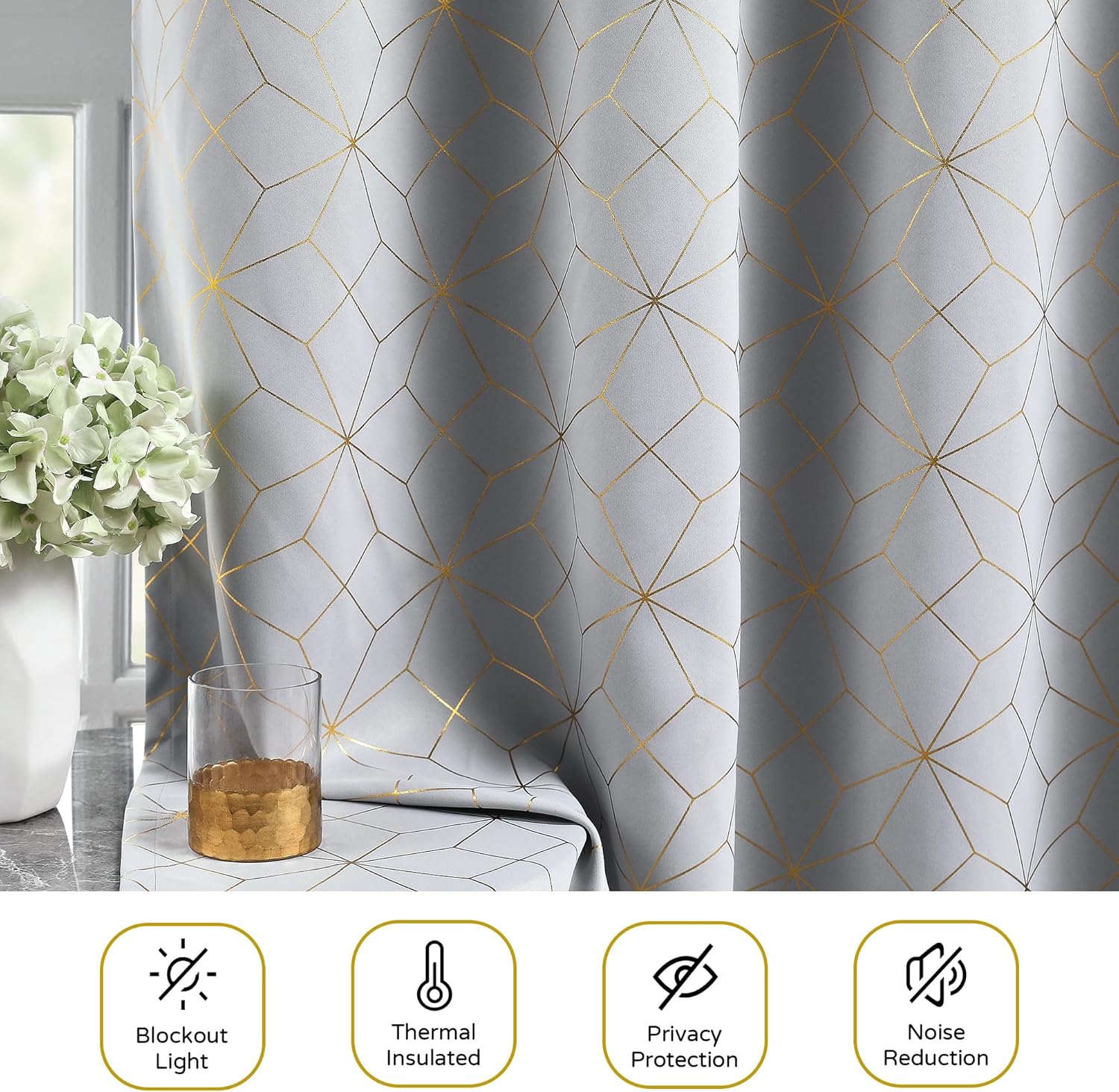 100% Blackout Curtains for Bedroom Living Room Moroccan Gold Patterned Drapes Thermal Insulated