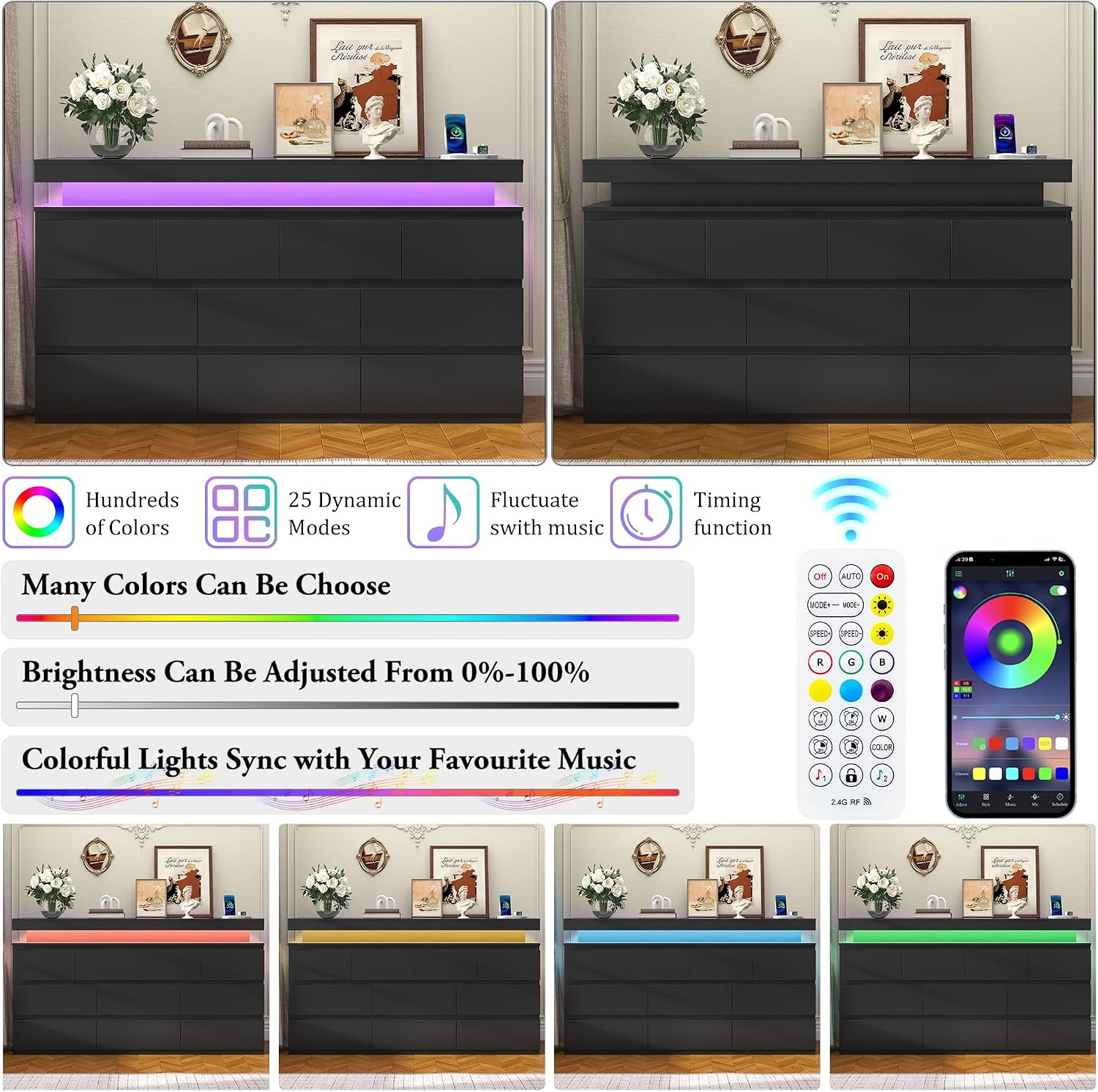 10 Drawer Dresser , 63" Wide 34" Tall Drawer Organizer Cabinet with LED Light and Charge Station, Modern Chest of