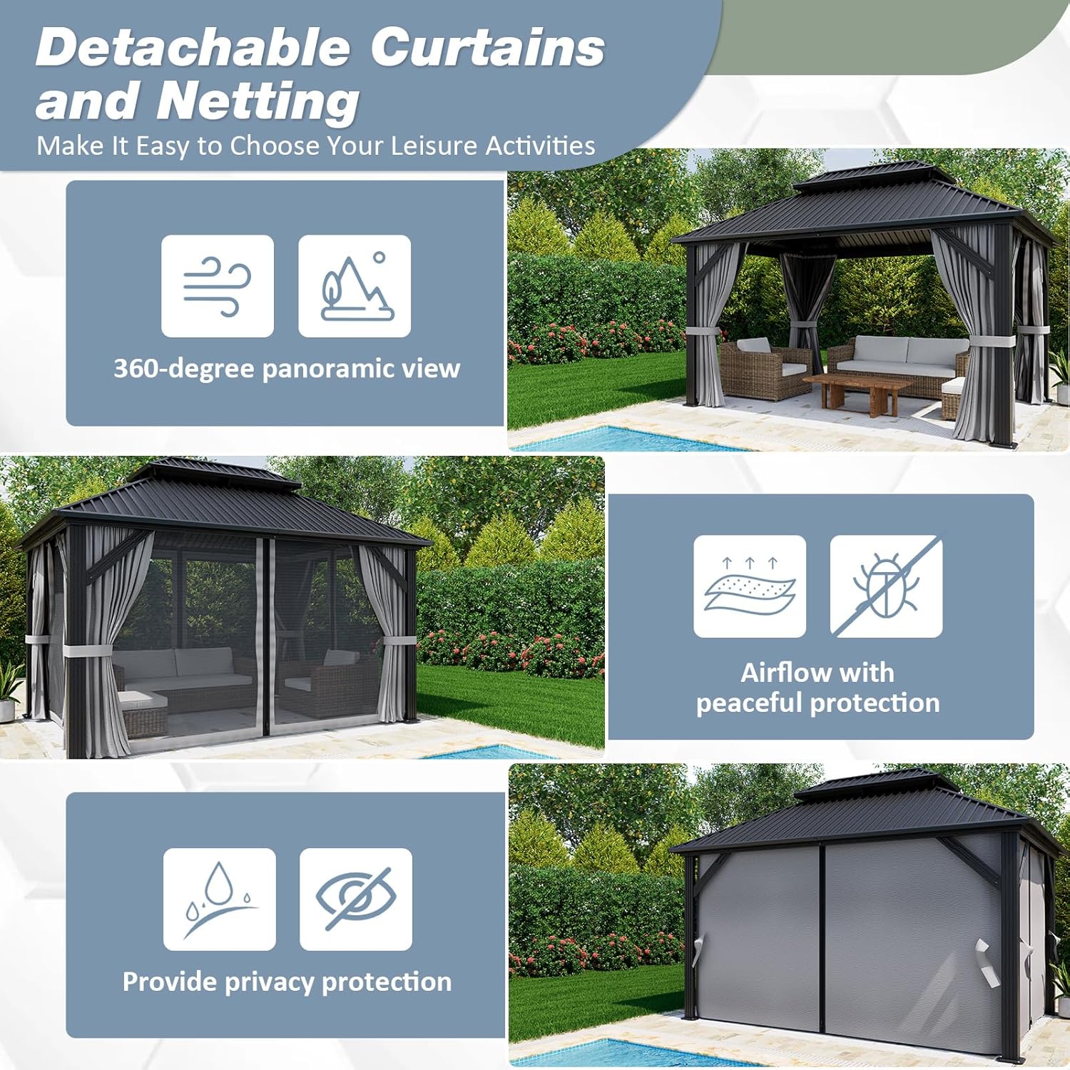 10'x12' Gazebo Hardtop Gazebo, Aluminum Pergola with Double Galvanized Steel Roof
