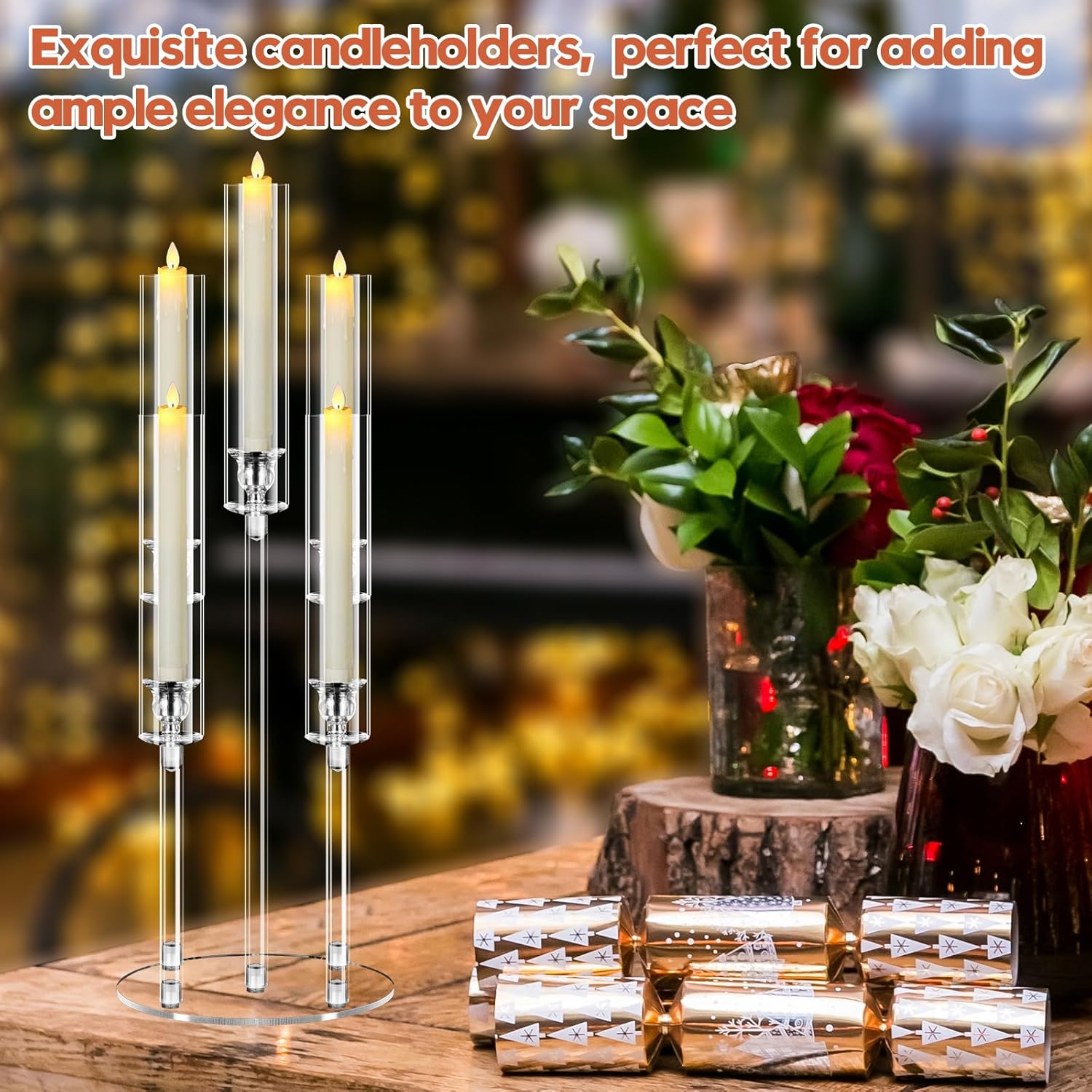 1 Set 5 Arm Acrylic Candle Holder with Candles, Mjkeomo 27'' Tall Table Candelabra, Complete Centerpiece Set for Fireplace Mantel, Wedding, Housewarming Gift